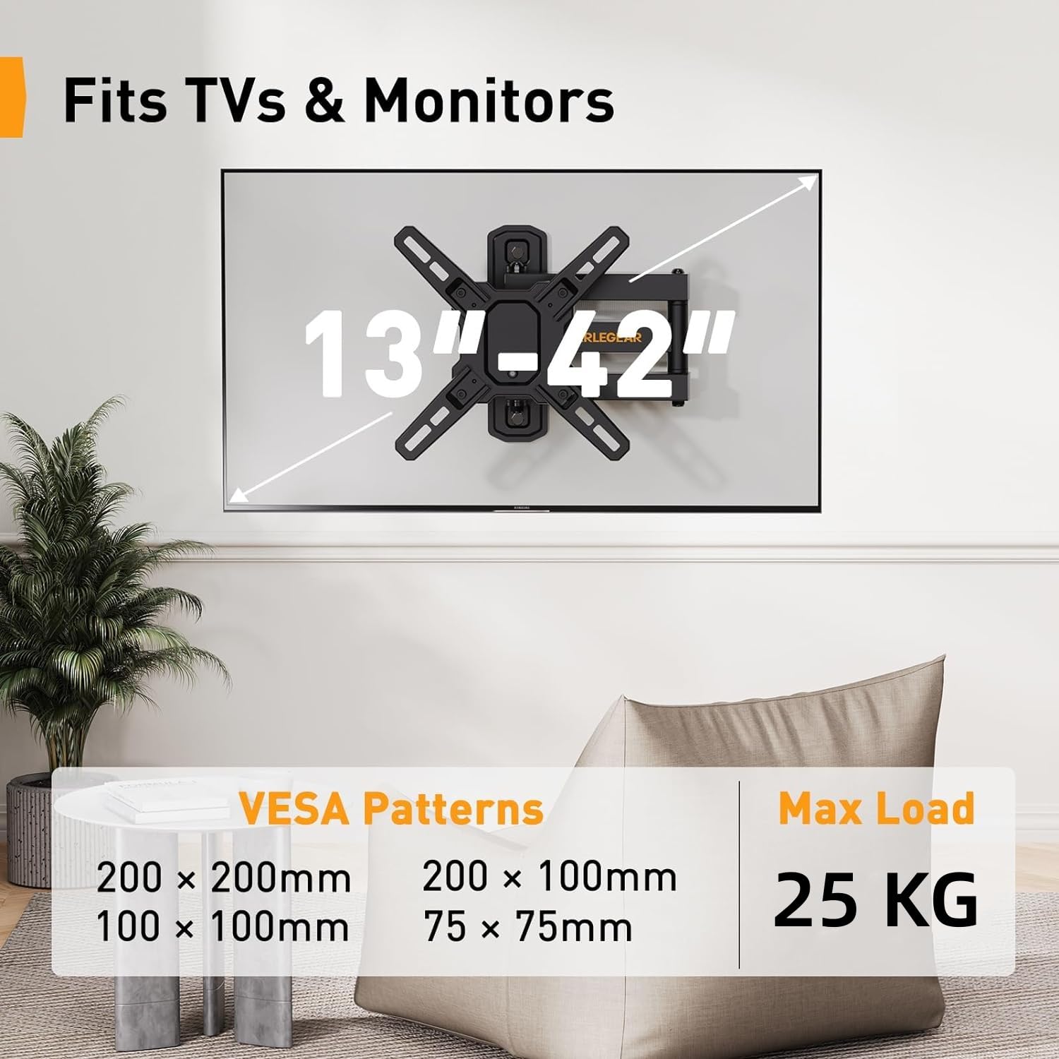 Supporto TV universale, Orientare, Inclinare, Ruotare – Adatto per TV LCD/LED a Schermo Piatto tra 13 e 42 pollici, Estendibile di 360.68mm, Sostiene fino a 25kg, Foratura VESA Massima 200X200mm