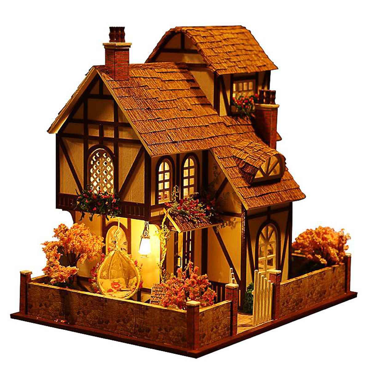 Rylai 3D Puzzles Wooden Handmade Miniature Dollhouse DIY Kit Light Flower Town Series Dollhouses Accessories Dolls Houses with Furniture LED Music Box