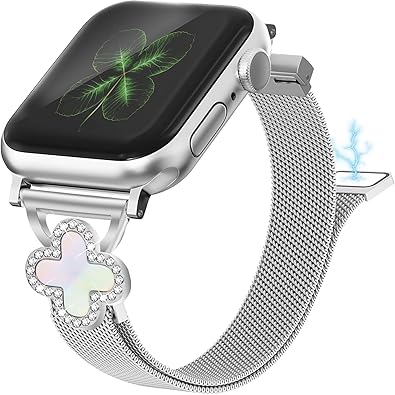 Joyozy Slim Metal Band Compatible with Apple Watch Band 38mm 40mm 41mm 42mm 44mm 45mm 46mm 49mm Skinny Magnetic Strap with Bling Charms, Cute Stainless Steel Band, Dressy Thin iWatch Bracelet for Women