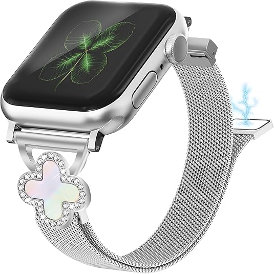 Joyozy Slim Metal Band Compatible with Apple Watch Band 38mm 40mm 41mm 42mm 44mm 45mm 46mm 49mm Skinny Magnetic Strap with Bling Charms, Cute Stainless Steel Band, Dressy Thin iWatch Bracelet for Women