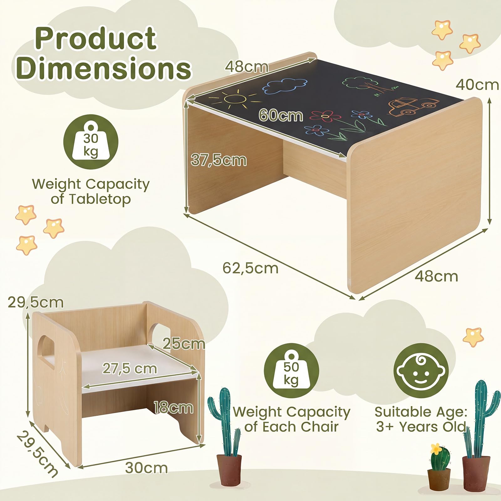 LIFEZEAL Set aus Tisch und Stühlen für Kinder, 3-teilig (Natur)