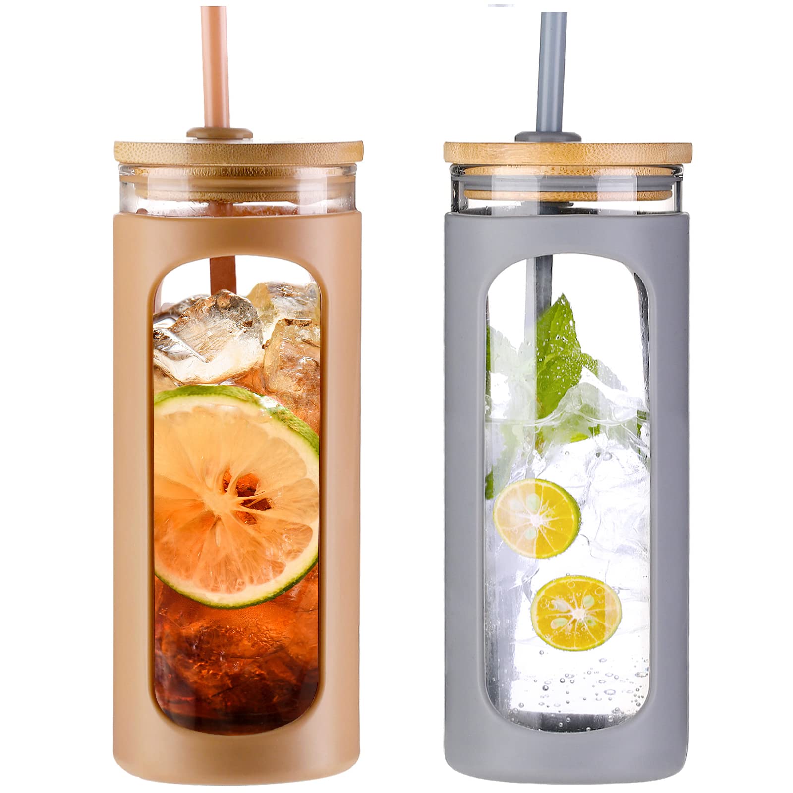 KodrineGlass Tumbler with Straw and Lid, 20 oz Glass Coffee Tumbler with Bamboo Lid, Iced Coffee Cup Silicone Protective Sleeve BPA Free - Amber & Grey