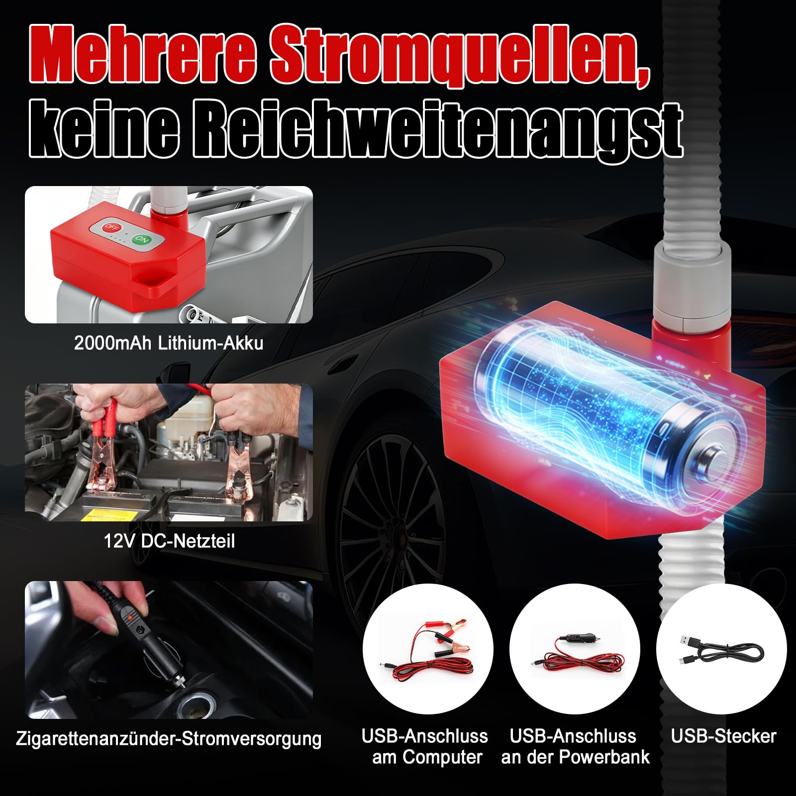 Kraftstoff Umfüllpumpe mit Auto-Stopp-Sensor,Aufladbare tragbare Dieselpumpe, Elektrische Transferpumpe mit 1.8M Schlauch, Dieselpumpe für Benzin, Diesel,Wasser und Öl