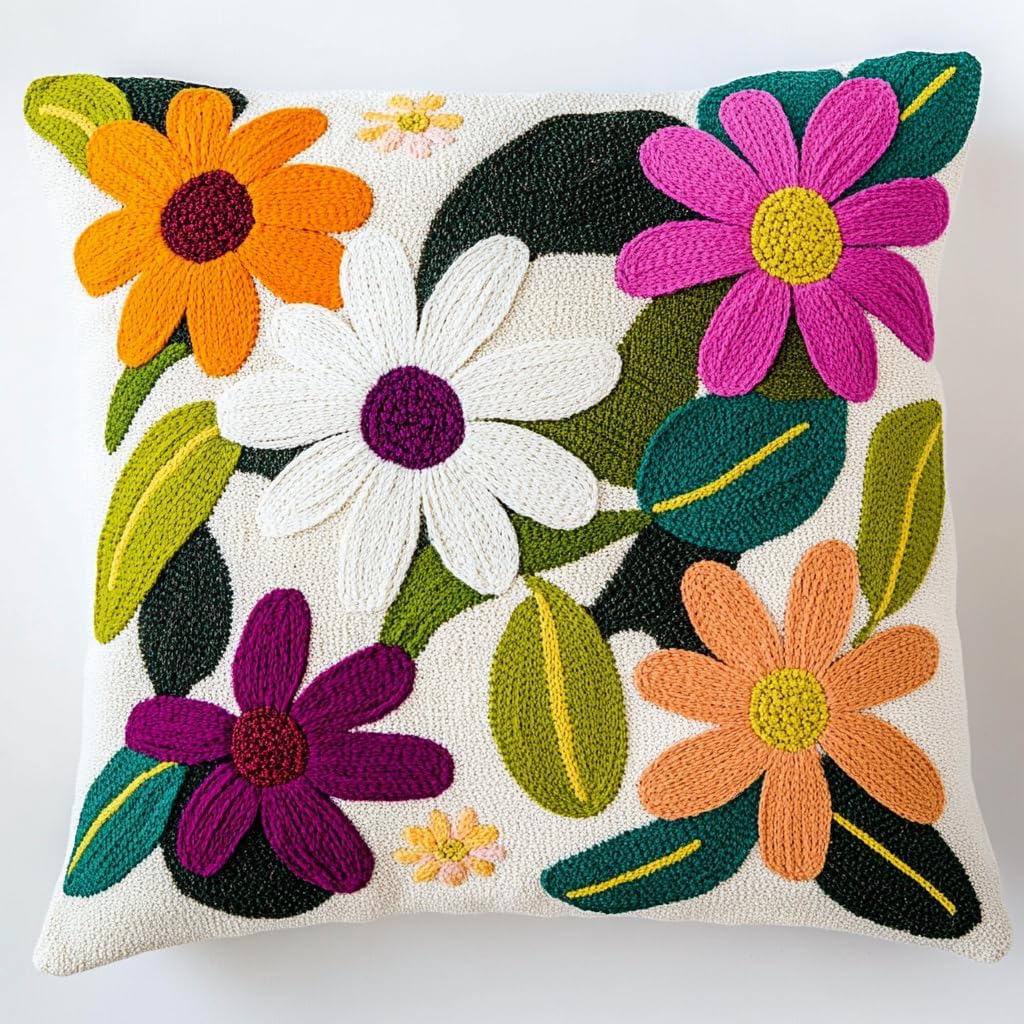DIY Punch Needle Pillow Kit Daisy Flowers and Leaves with Pattern and Hoop Handmade Embroidery Punch Needle Starter Pillowcase Set for Home Sofa Decor 43x43cm-1-1