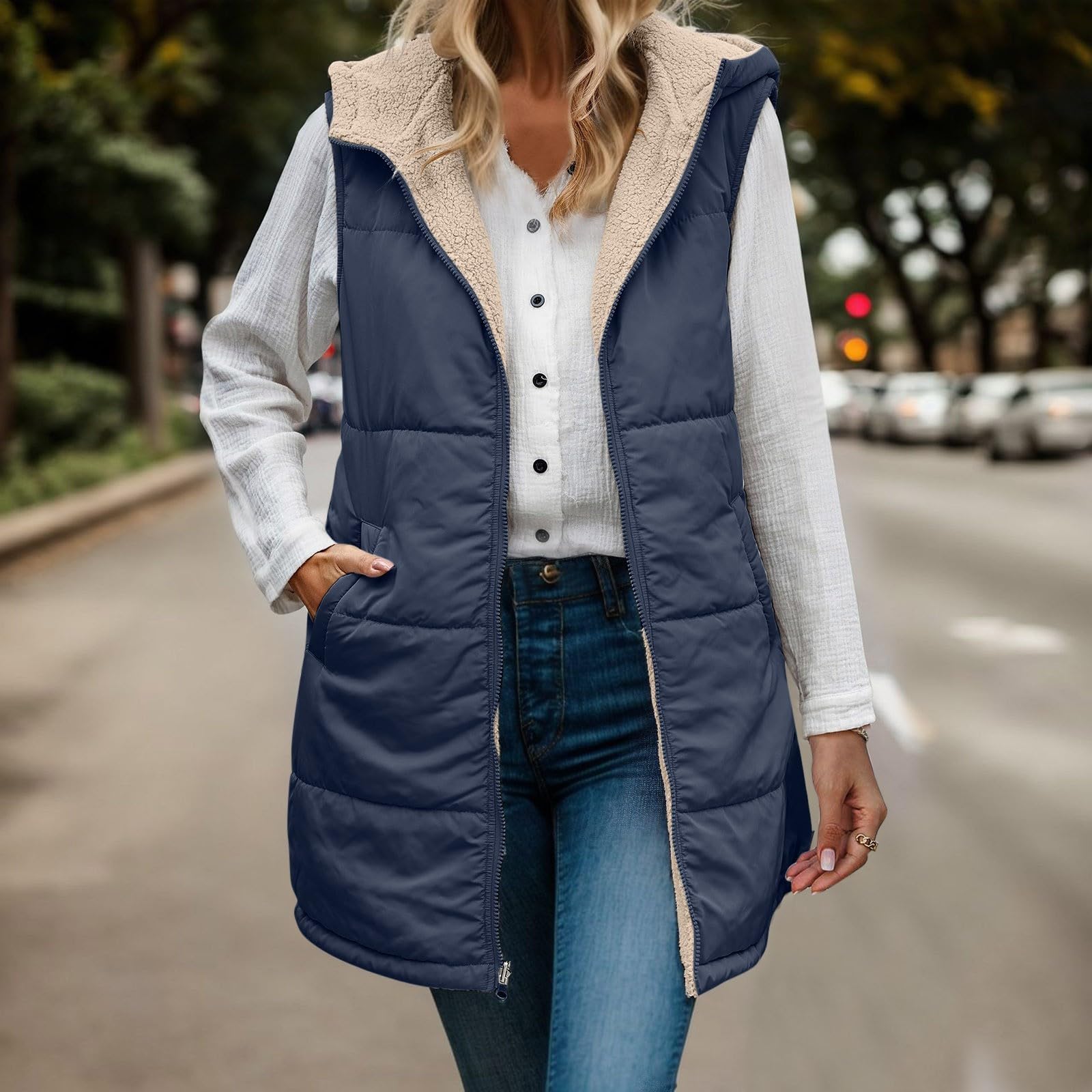 Chaqueta Mujer Abrigo Entretiempo Invierno Cazadora Plumiferos，Chaqueta Larga Mujer Invierno Sin Mangas Reversible Forro Polar Cremallera Capucha Bolsillos Cálida Otoño 2026
