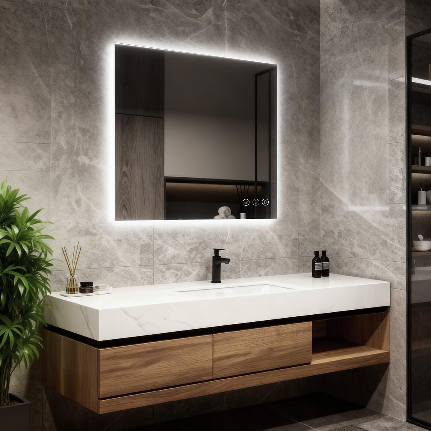 LED Bathroom Mirror 30"x30", 3-Colors Backlit, Stepless Dimmable, Anti-Fog, Memory, Wall Mounted Vanity Mirror with Lights, Eco Copper-Free, Perfect for Bathroom & Bedroom