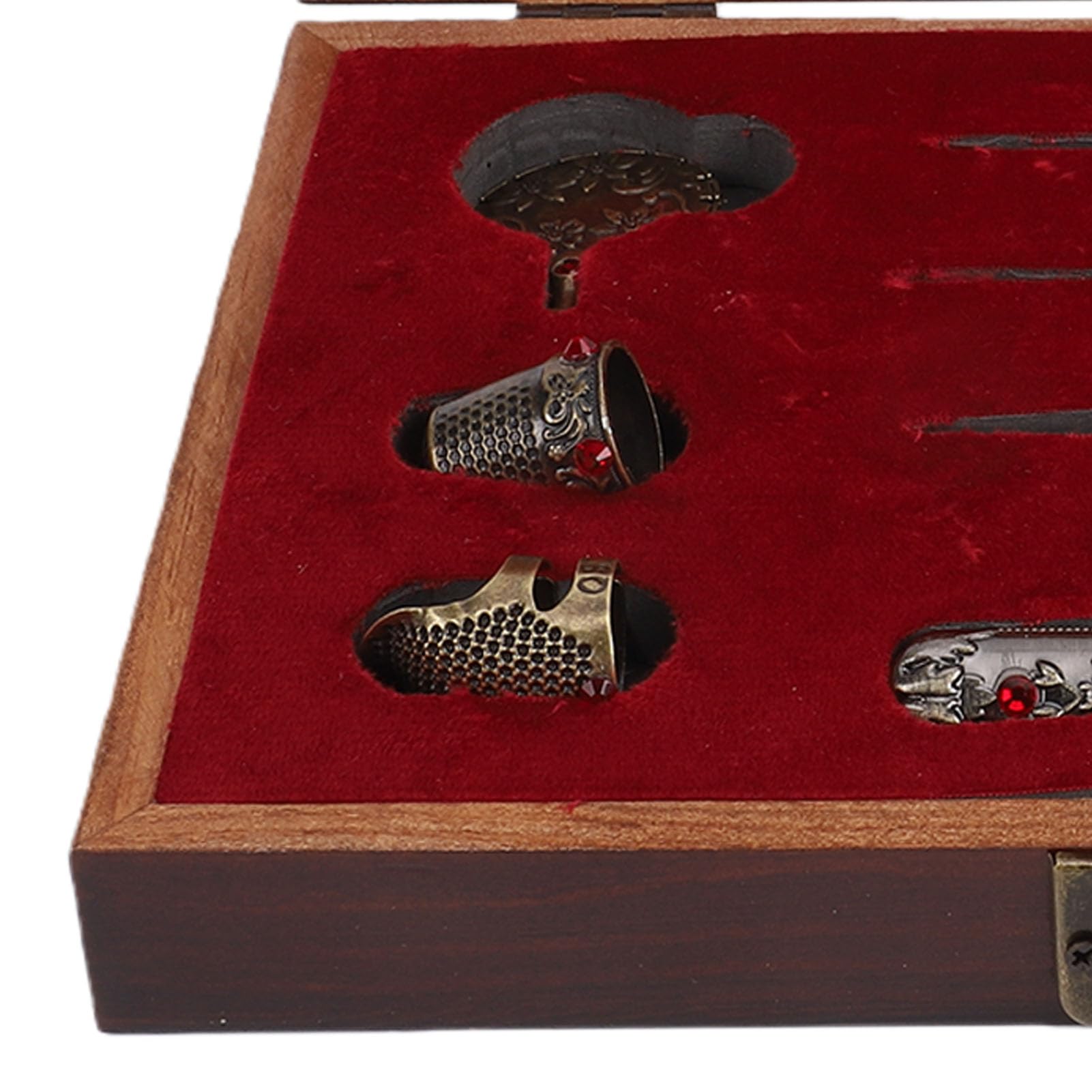 SIXRUN Kit de Tijeras de Bordar Vintage, Caja de Costura de Madera Maciza con Herramientas de Costura de Acero Inoxidable, 10 Bobinas, 6 Agujas, Juego de Estilo Antiguo para Coser Acolchar y Tejer