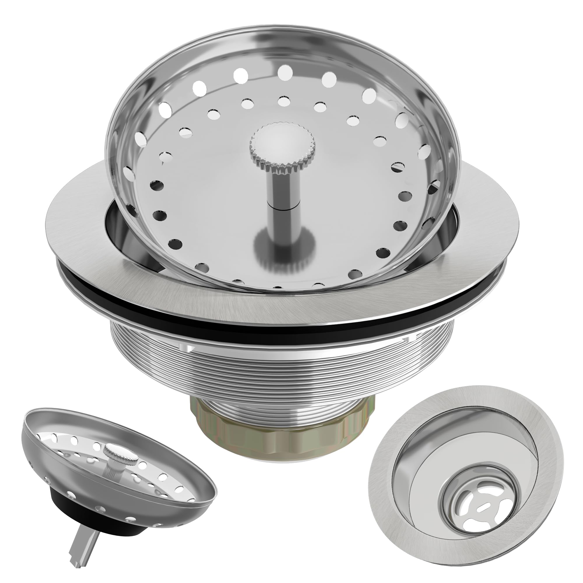 Kitchen Sink Drain 3-1/2 Inch Brushed Stainless Steel Sink Drain Strainer Assembly Kit with Sink Strainer Basket and Drain Stopper for Standard Kitchen Drains Brush Nickel Silver