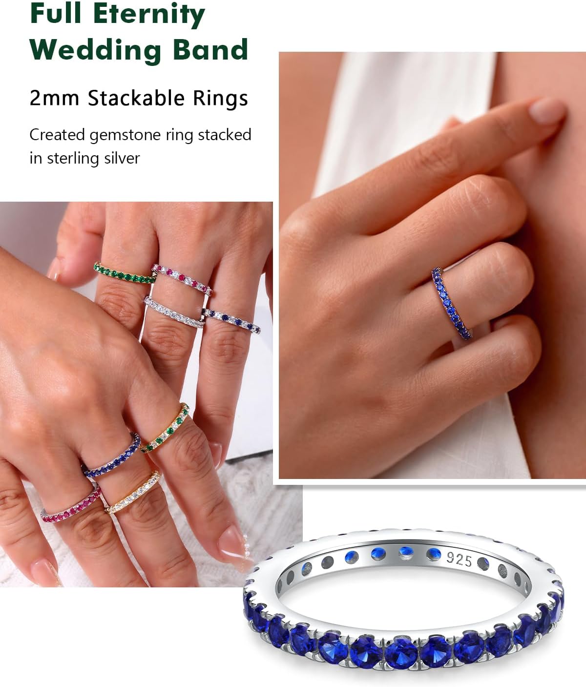 Full Eternity Band Rings for Women Sterling Silver/Yellow Gold Plated Wedding Bands Sapphire/Emerald/Ruby 2mm Thin Stacking Anniversary Ring Size 6-10