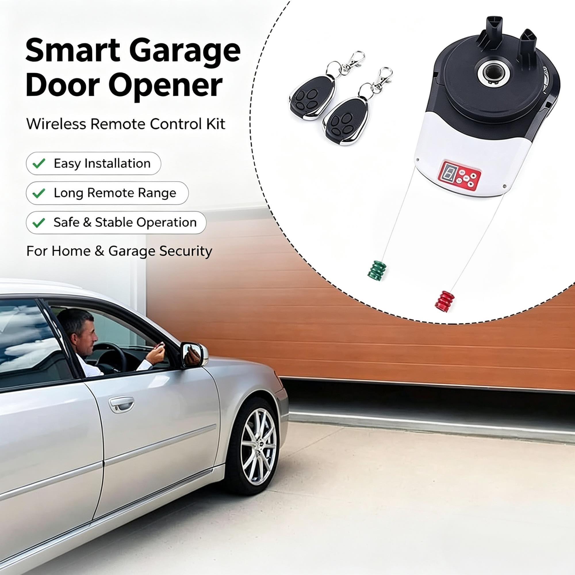 Moteur de Porte de Garage Enroulable, Ouvre-Porte Automatique 800N avec 2 Télécommandes et Éclairage LED, Moteur de Rideau Roulant 100W, pour Garage, Magasin, Entrepôt et Ferme