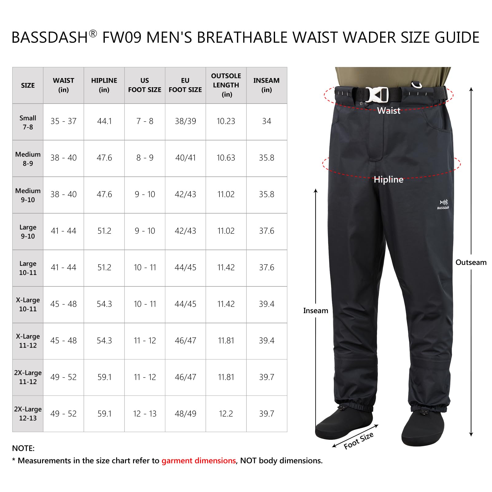 BASSDASH Atmungsaktive Wathose für Herren, mit Taschen, wasserdicht, zum Fliegenfischen, leicht, FW09