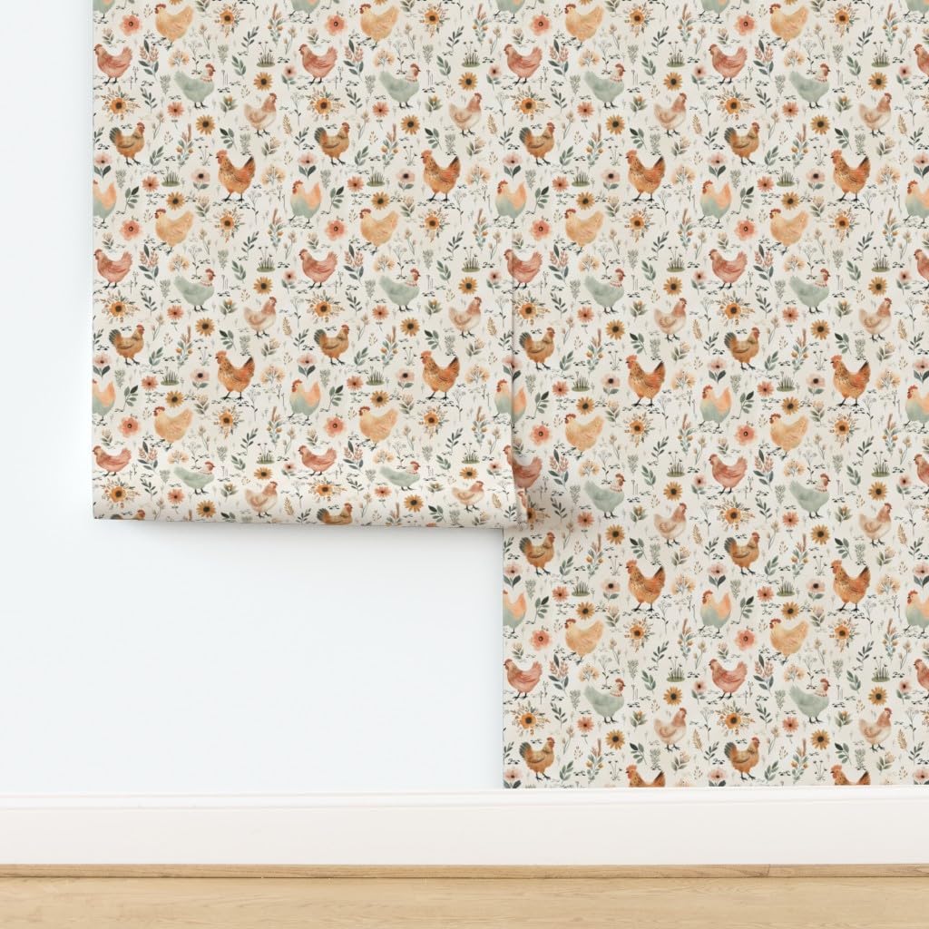 Peel & Stick Wallpaper 3ft x 2ft - Pastel Hens Farmhouse Spring Florals Medium Watercolor Easter Bohemian Baby Chicken Boho Custom Removable Wallpaper by Spoonflower