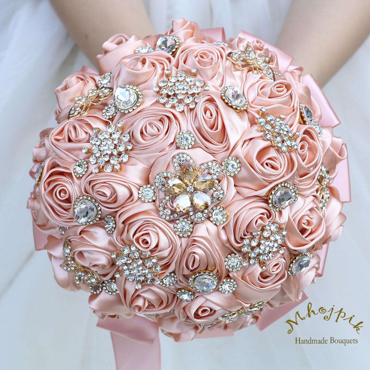 19 cm rosa pesca bouquet da sposa rotondo Bling spilla bouquet lancio artificiale mazzo di fiori per sposa damigella d'onore matrimonio Quinceanera