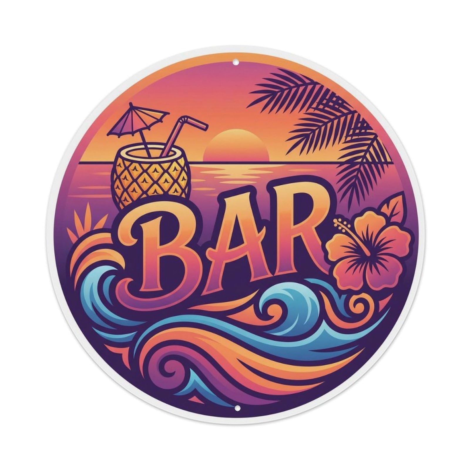 Vintage BAR Tropical Sunset Emblem Metal Tin Sign Plaque Wall Decor for Cafe, Club, Garden Round Metal Poster 8x8Inch