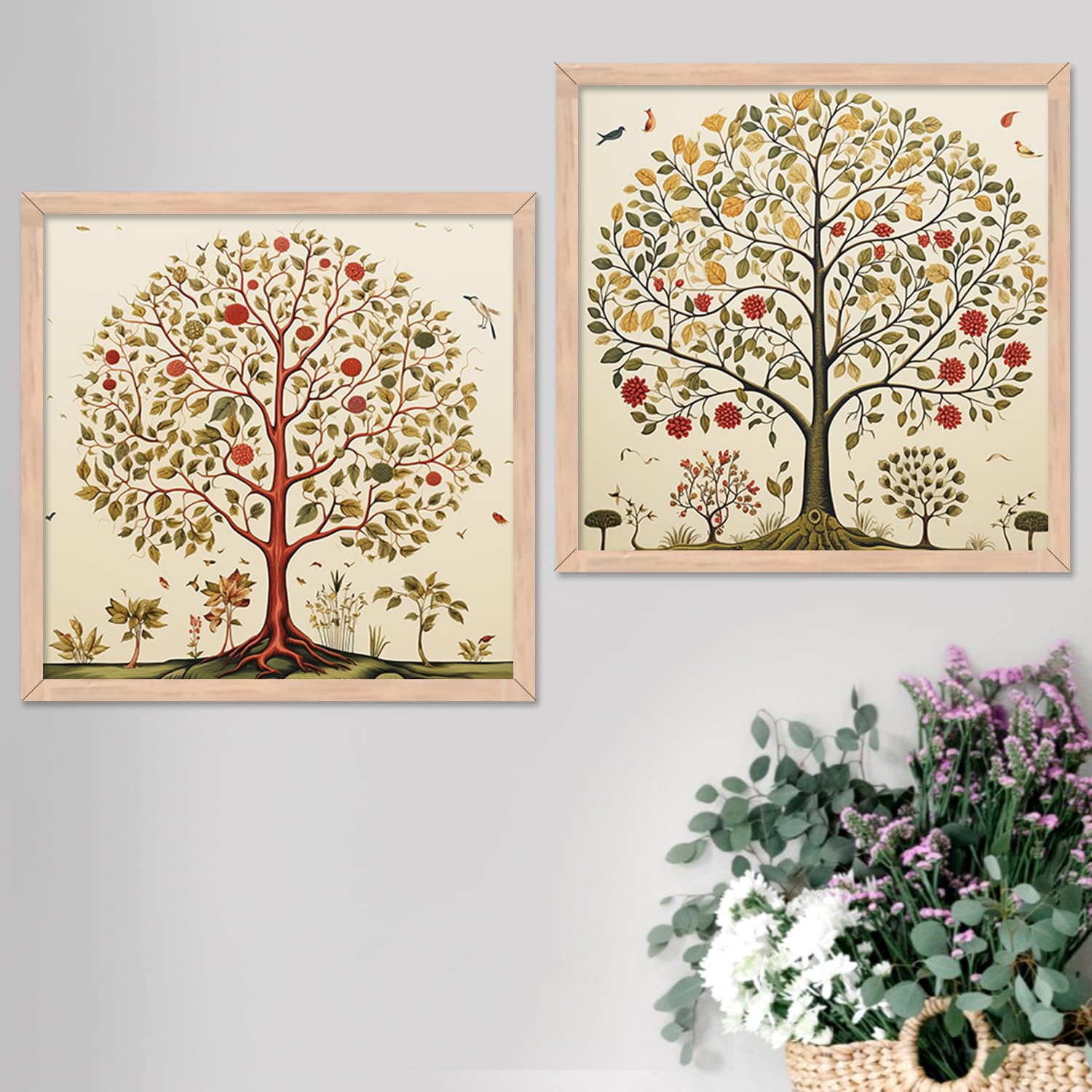 kotart Premium Digital Madhubani tree wall Art Paintings with Frame for Home Decor - Framed Wall Painting for Living Room Bedroom Office Room Decor - Painting for Wall Decoration - Set of 2 Multicolor paintings (10x10 inch, A)