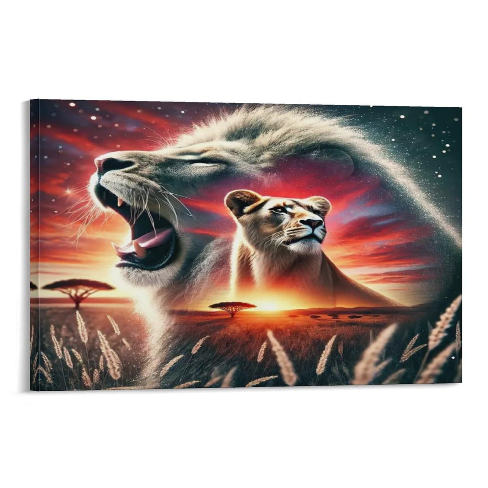 CPLVKWRQJ Spectral Lion with Skulls And Apples Single Piece Two Savanna Lions Sunset Double Exposure Canvas Wall Hanging - Kitchen Removable Wall Art Focal Point Ready to Hang 08x12inch(20x30cm)