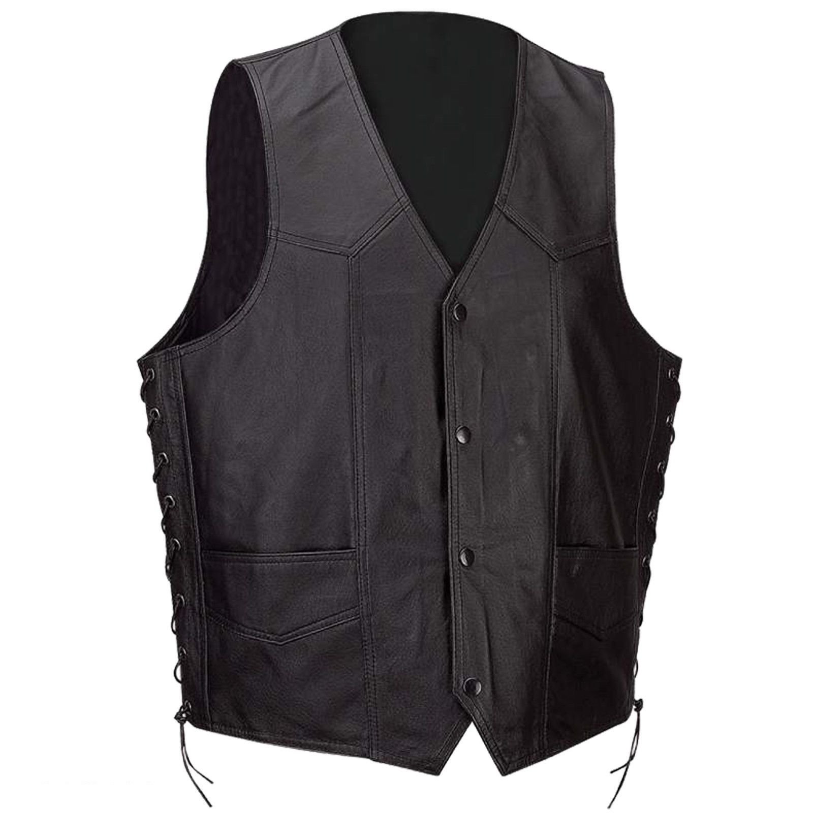 EXCELSIOR INT Men's Classic 4 Snap Concealed Gun Sleeveless Leather Vest Button With Side Laces Motorcycle Biker Jacket For Men- (7XL, Black)