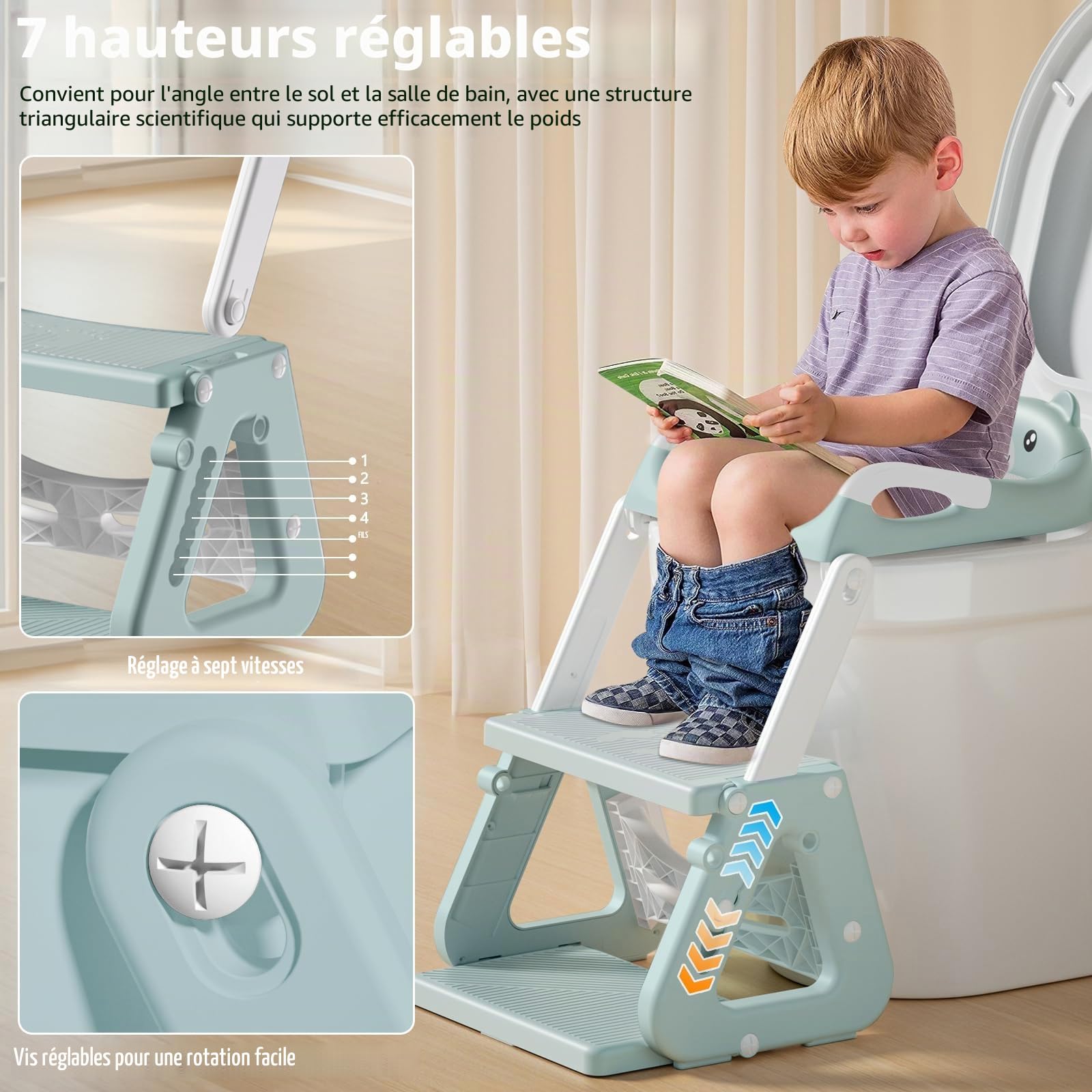 Abattant WC pour enfant avec escalier, siège de toilette pour enfant à partir de 2 ans, siège de toilette réglable pour tout-petit