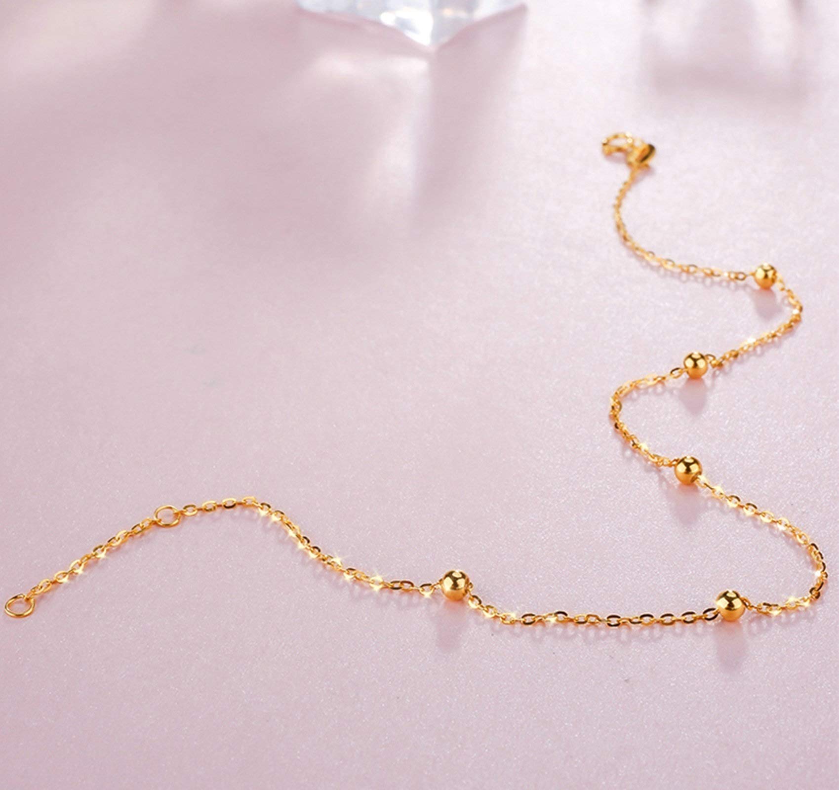 Tobillera de oro amarillo de 18 quilates para mujer, tobilleras con cinco cuentas ajustables de 9,5 pulgadas