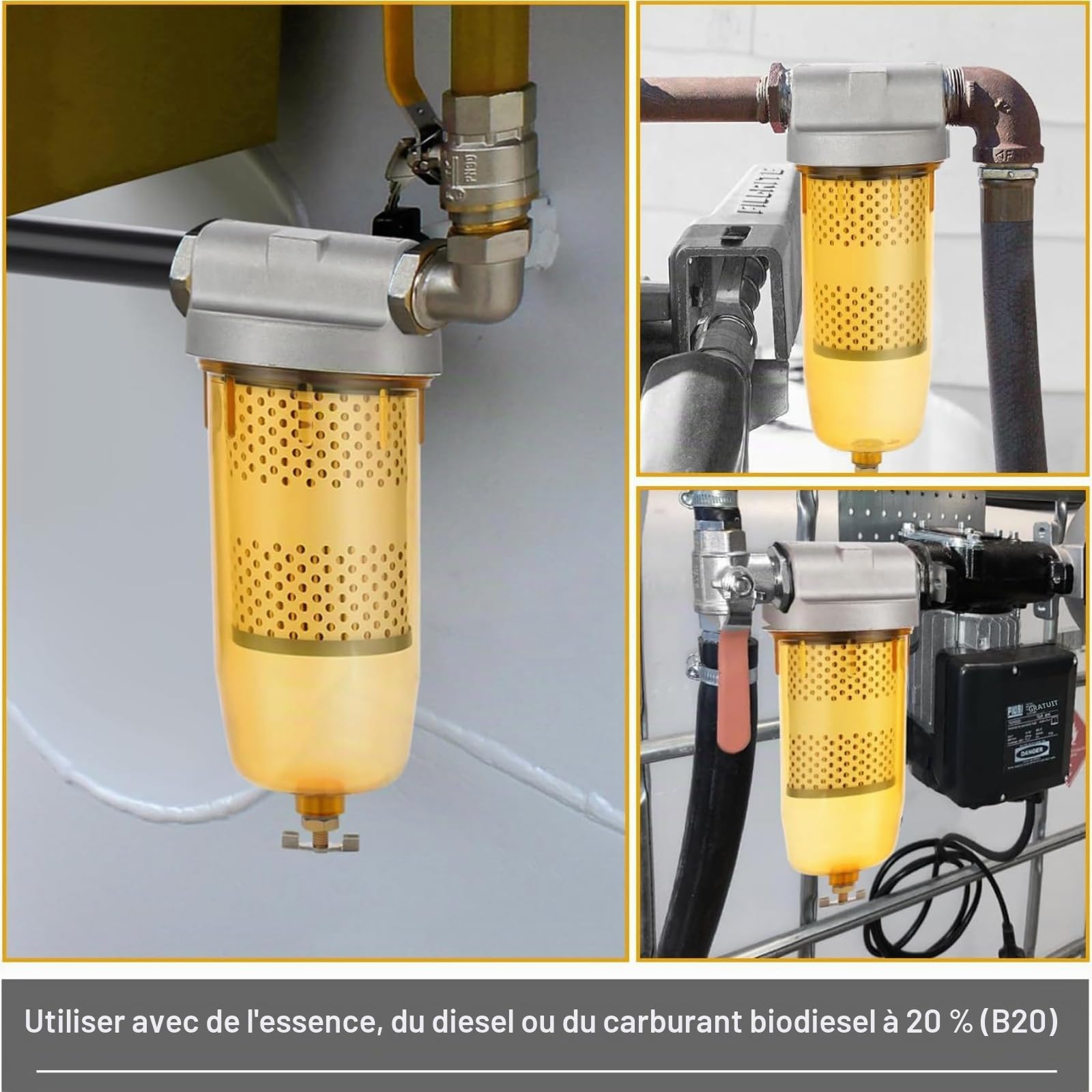 Filtre à carburant transparent 1,3 pouce, Filtre de Remplacement en Acier en Alliage de 30 Micron avec une Soupape de Vidange, 25 Gpm de Débit pour L'essence, diesel
