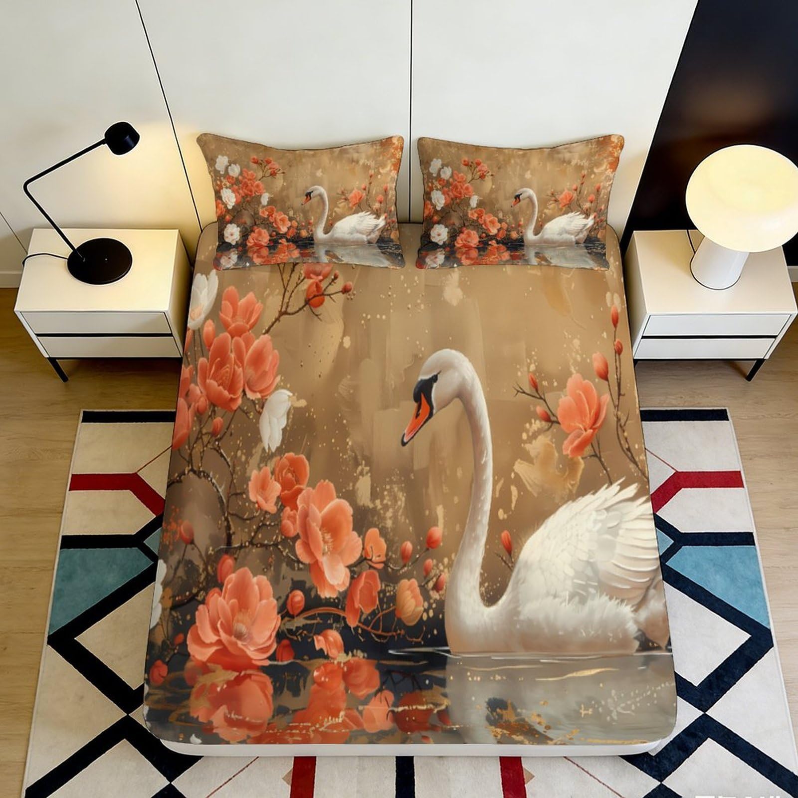 Pnayamiorkfel Style-4 3D Printed Swan Blossom Fitted Sheet Microfiber Soft Floral Bed Cover For Bedroom Guest Room Mattress Decor 90X200x25cm