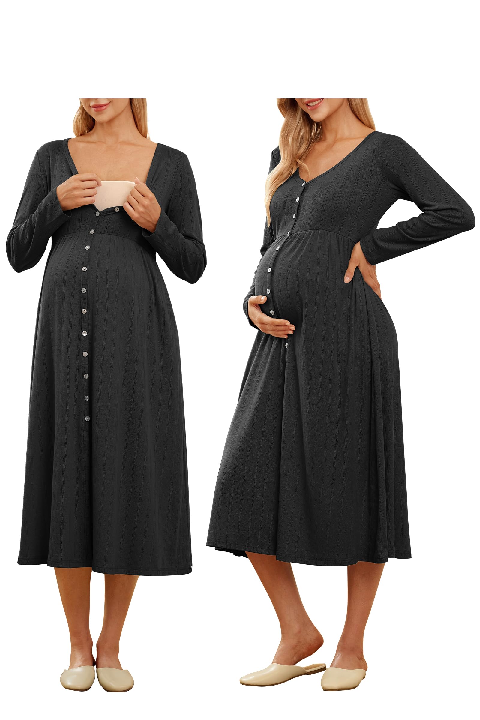 Cotton Blend Maternity Pajamas Nightgown Button Down Nursing Gown Labor Delivery Breastfeeding Dress with Pockets