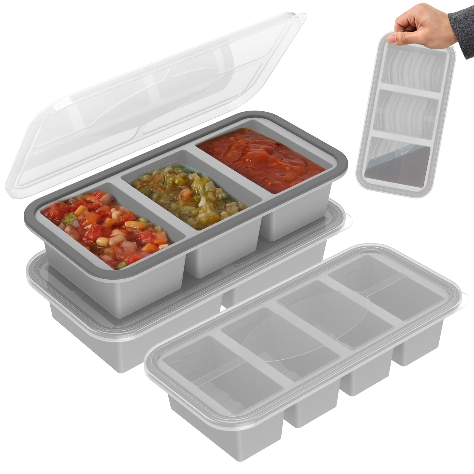 3Pack Silicone Freezer Tray with Lid, Soup Freezing Container Molds, Large Ice Cube Tray, Freezer Storage Food Soups & Meal Prep, for Storing 250/350/500mL Broth, Leftovers and Sauce(Light Grey)