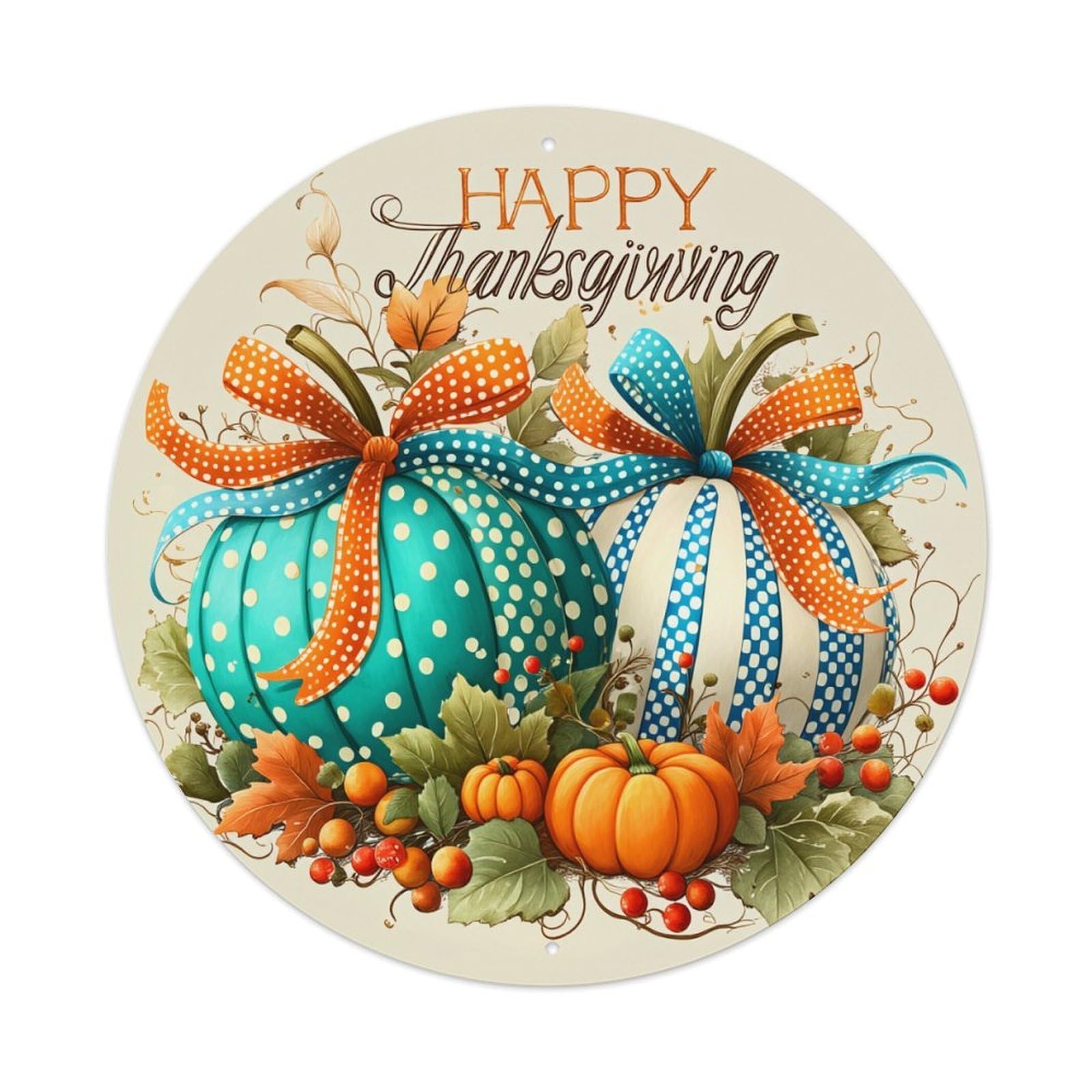 Pumpkin Ribbon Leaves Berries Autumn Round Tin Sign Retro Metal Sign for Cafe Bar Pub Home Game Room Gym Club Wall Decoration Vintage Metal Poster 8x8 Inch