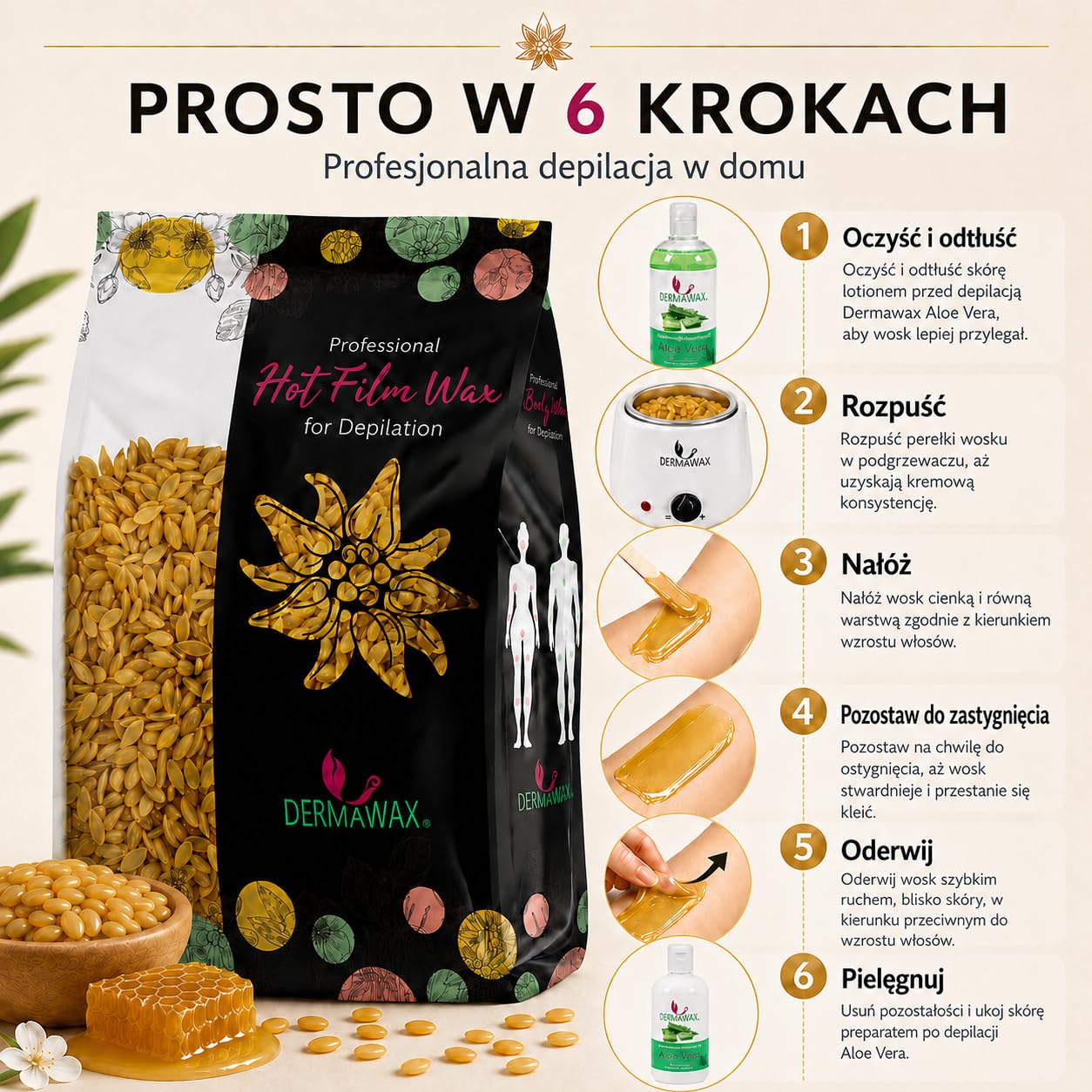 Dermawax Perły woskowe z naturalnego miodu, 1 kg – profesjonalny wosk na gorąco do usuwania włosów bez smug – twarz, brwi, włosy w nosie, nogi, ramiona, bikini i strefy intymne – dla mężczyzn i kobiet