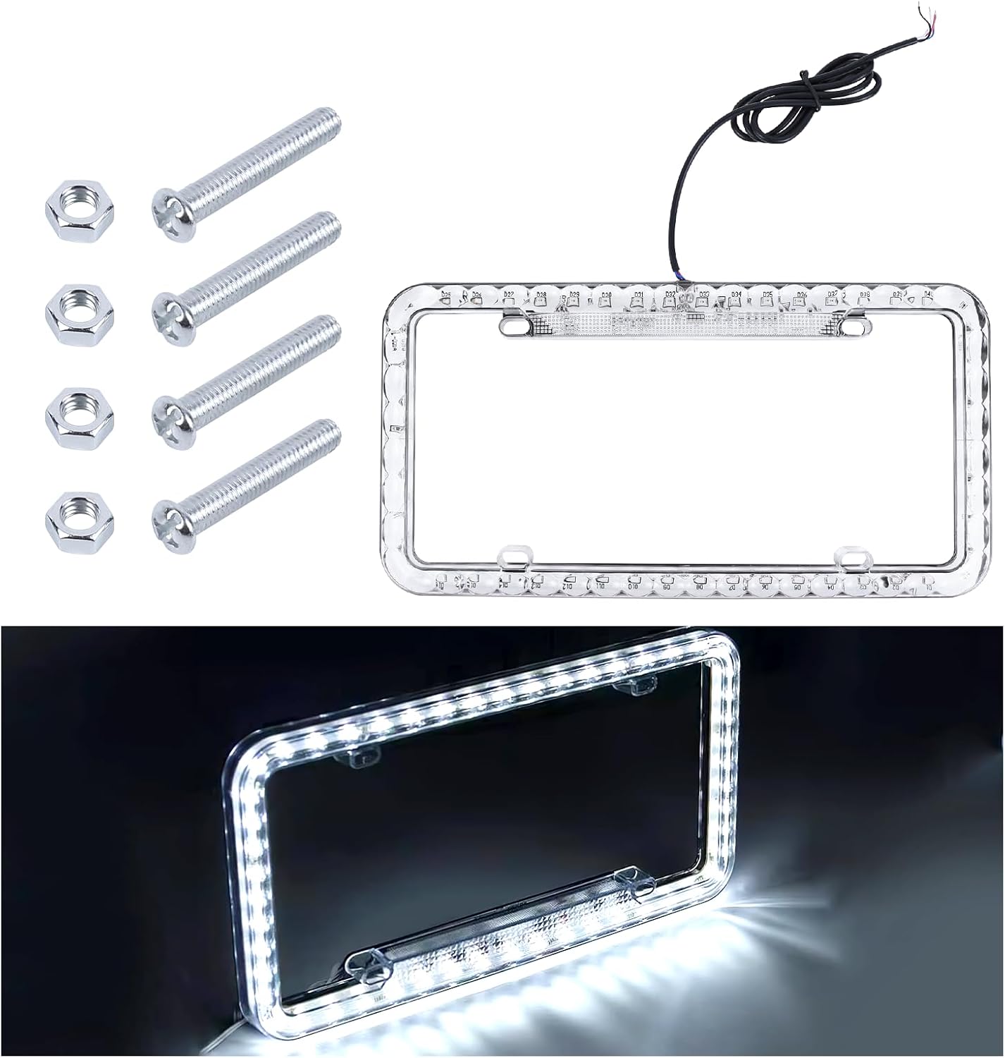 12V 48 LED Color Light License Plate Frame, Acrylic Plastic Car License Plate Cover with Bright Warning Lights, Decorative Waterproof Tag Frame for Most Vehicles, Car Accessories (Pink)