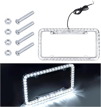 12V 48 LED Color Light License Plate Frame, Acrylic Plastic Car License Plate Cover with Bright Warning Lights, Decorative Waterproof Tag Frame for Most Vehicles, Car Accessories White