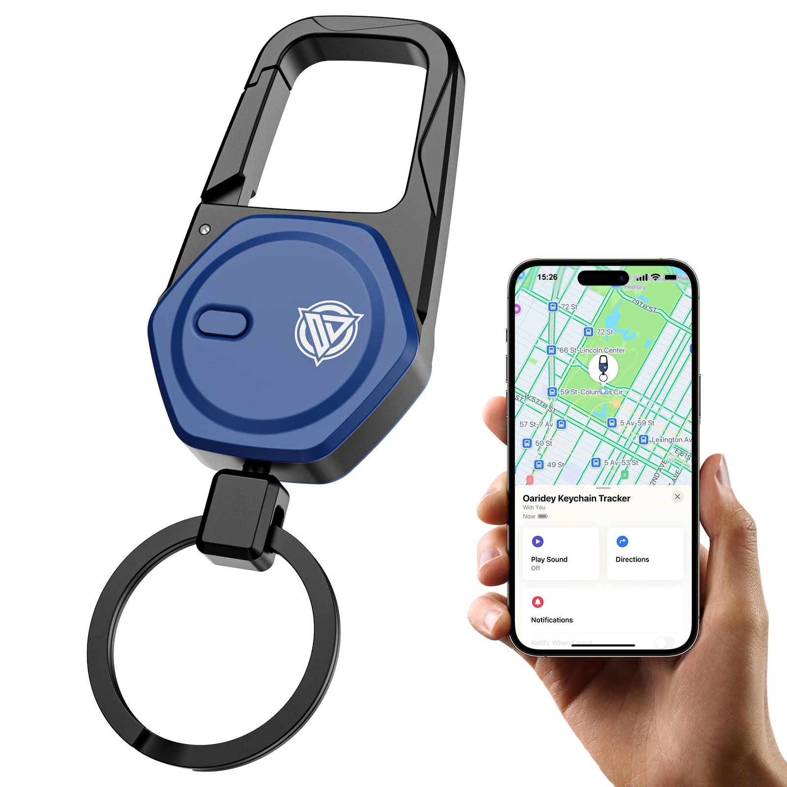 Oaridey Keychain, Works with Apple Find My, Carabiner Car Key Chain with Gps Tracker, Heavy Duty Key finder for Luggage, Bags, Anti-Lost Key Tracker with 2-Year Battery Life, High-Precision, Navy Blue