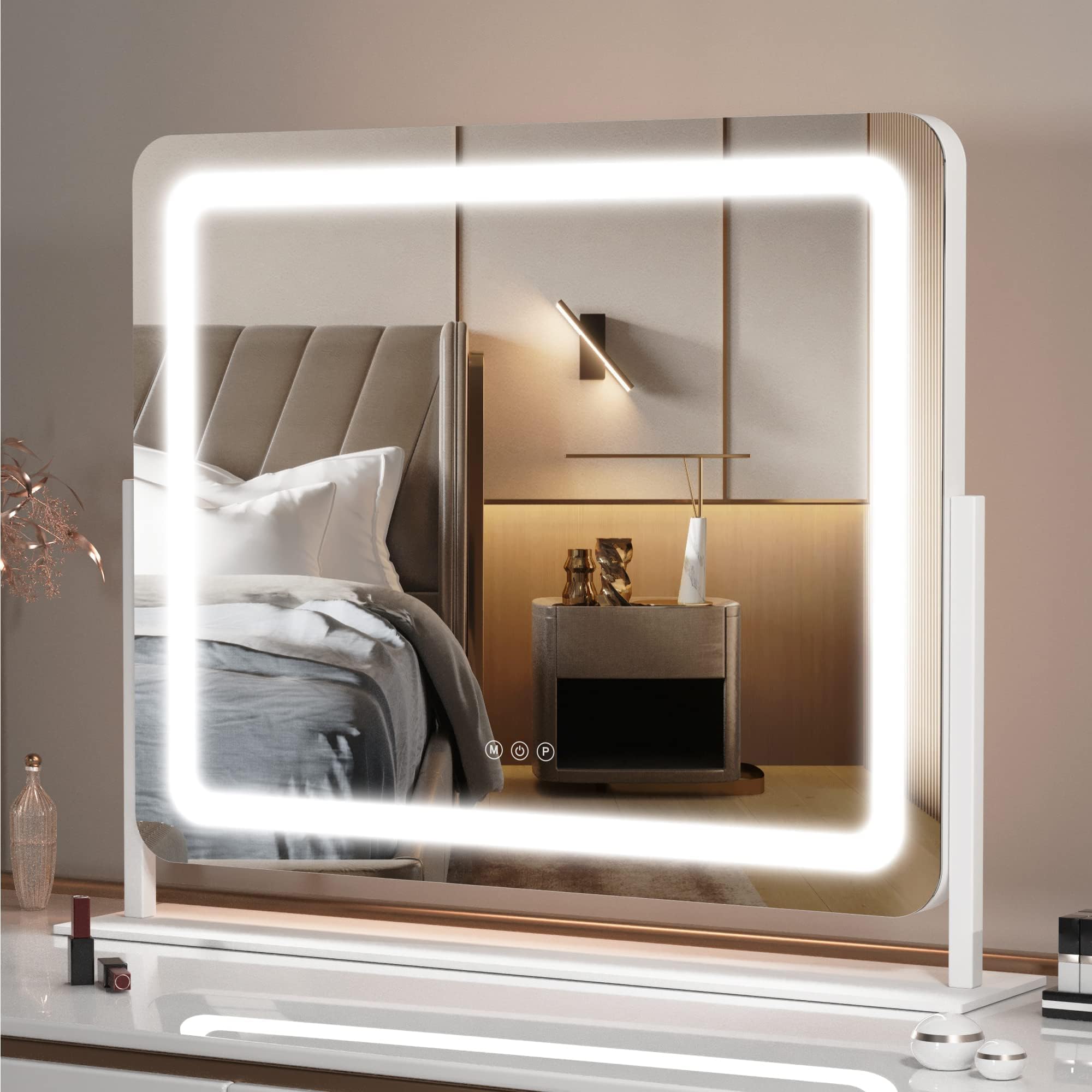 Hasipu Schminkspiegel mit Beleuchtung 55 x 45 cm, LED Kosmetikspiegel 10x Vergrößerung, 3 Farbtemperaturen, Touch Control Tischspiegel, 360° Drehung, Spiegel für Make-up Weiß