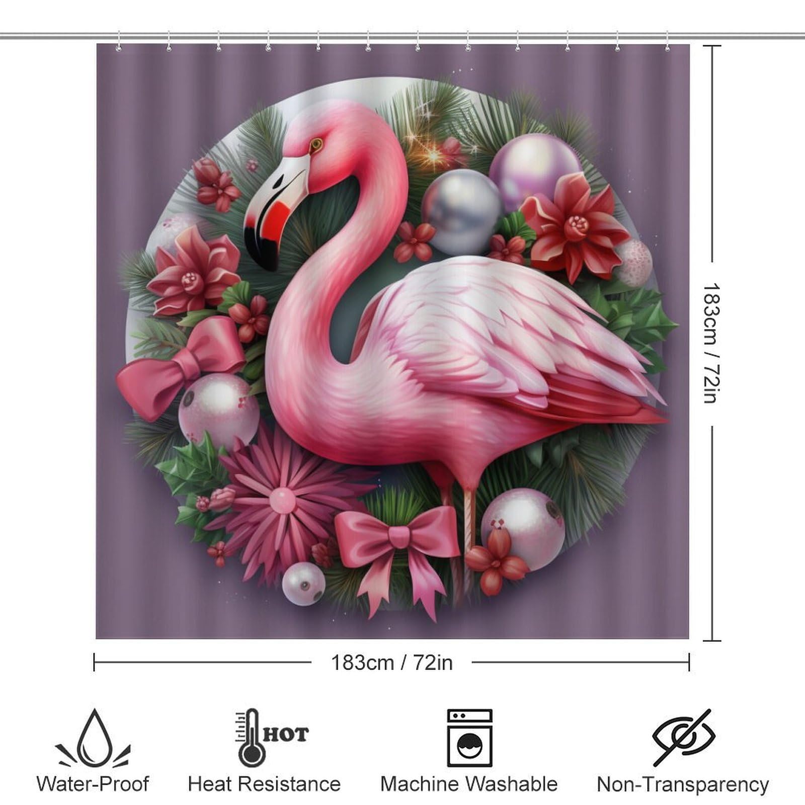 Shower Curtain 4 Piece Set Cute Christmas Flamingo Wreath Bath Mat U-Shaped Floor Mat Toilet Lid Oval Rug Animal Flamingo Spring Summer Gift Bathroom Shower Curtains Sets for Bathroom Decor Set