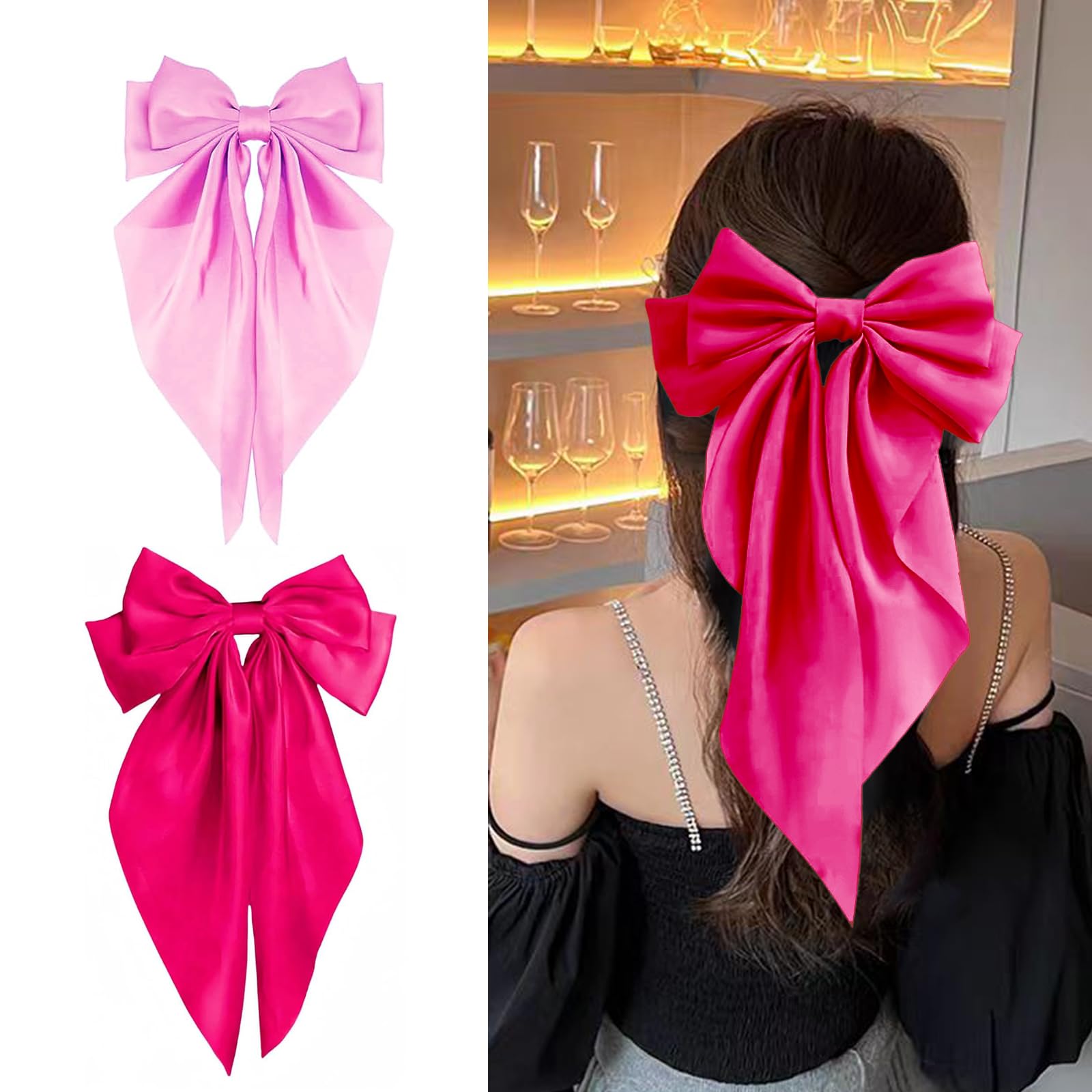 2Pcs Big Satin Hair Clips for Women & Girls, 37cm Long Tail French Bow Hair Barrettes