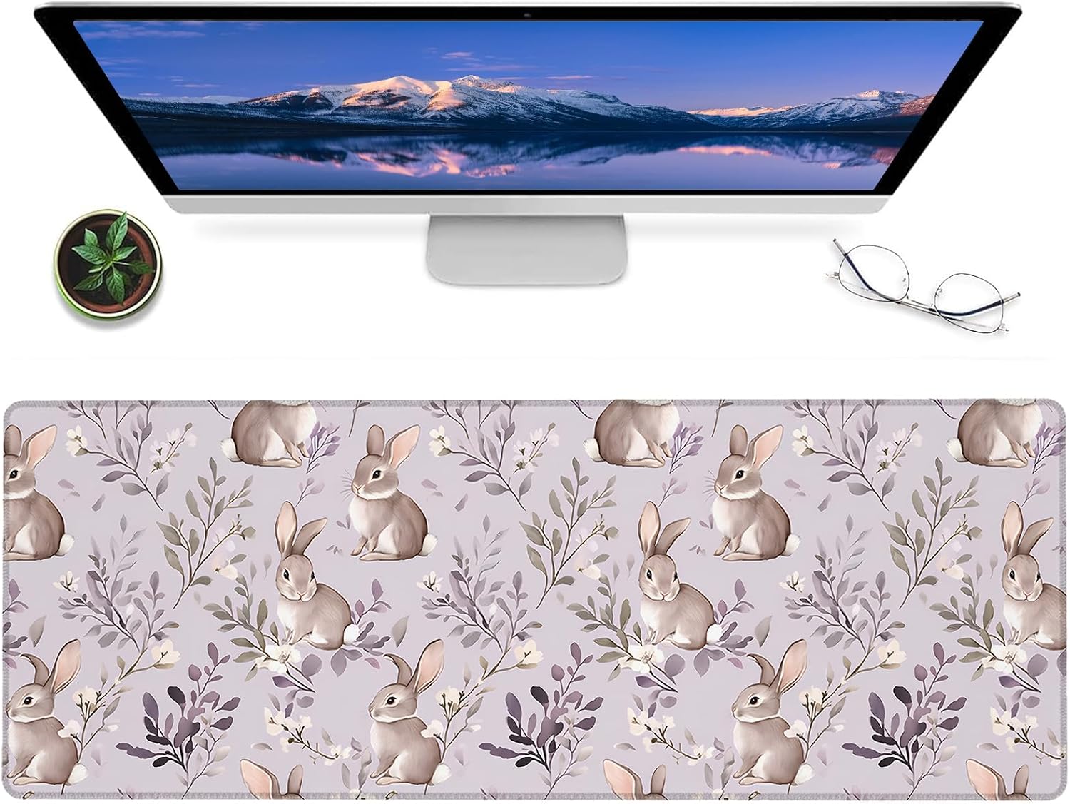 Cute Bunny Gaming Mouse Pad,12x31.5in Non-Slip Rubber Rabbit Flower Desk Mat,Large Extended Mousepad for Office Home Laptop,Mice Pads Gifts,Game Lover Deskmat Decor (Purple)