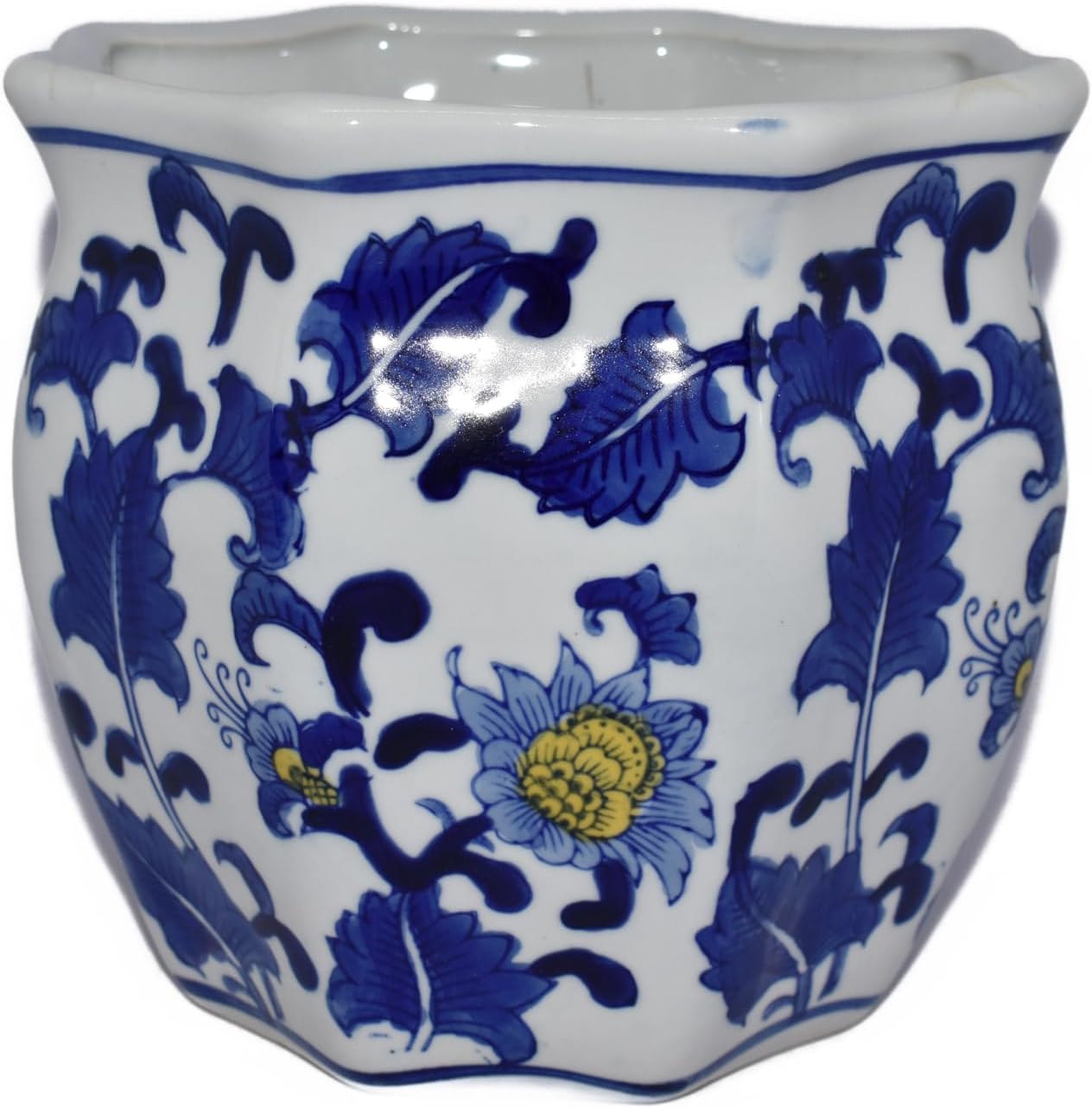 Generic 10"" Cobalt Blue & Yellow Sunflower & Ornate Vine Octagon Shape Oriental Style Planter Pot