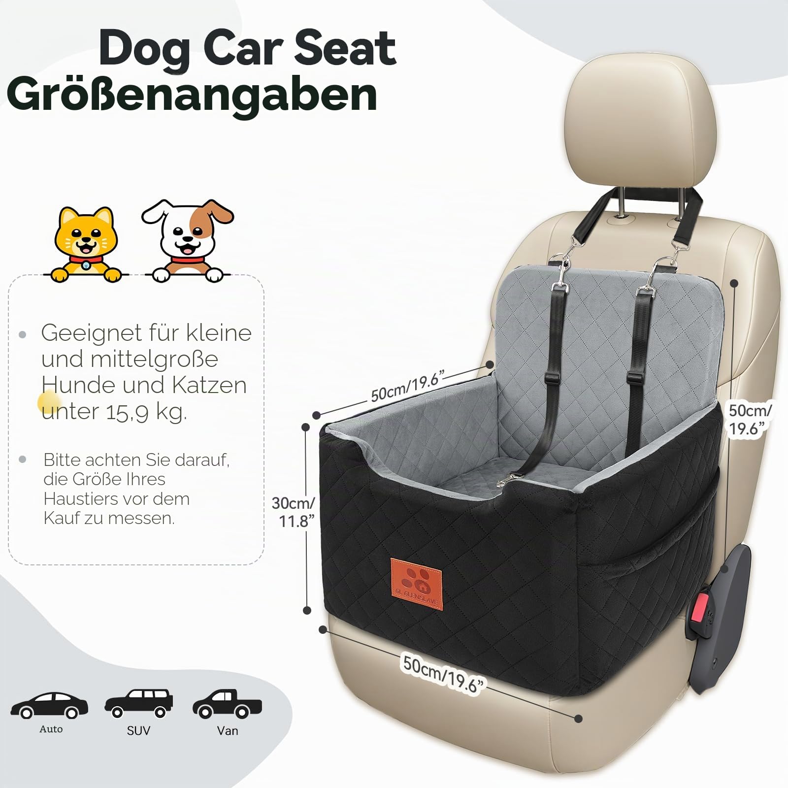 GL GLENSLAVE Autositz Hunde für kleine/mittlere Hunde unter 15 Kgs,Hunde Autositz,Abnehmbarer und waschbarer Haustier Autositz,Hundebett mit 2 Sicherheitsgurten(Schwarz/Grau)