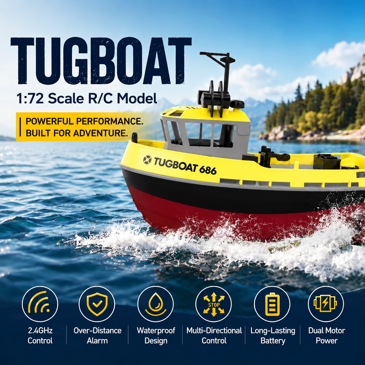 Barca radiocomandata 1/72 RC Tugboat per piscine e laghi, 2,4 Ghz, telecomando ad alta velocità, con luci a LED e allarme batteria scarica, per adolescenti e adulti