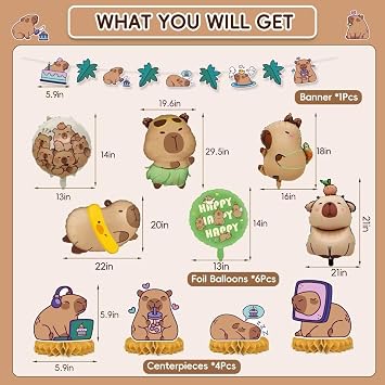 43 PCS Capybara Birthday Party Decorations Set Cartoon Cute Brown Capybara Party Decor Supplies Includes Foil Balloons Happy Birthday Banners Hanging Swirls Honeycomb Centerpieces Cupcake Toppers