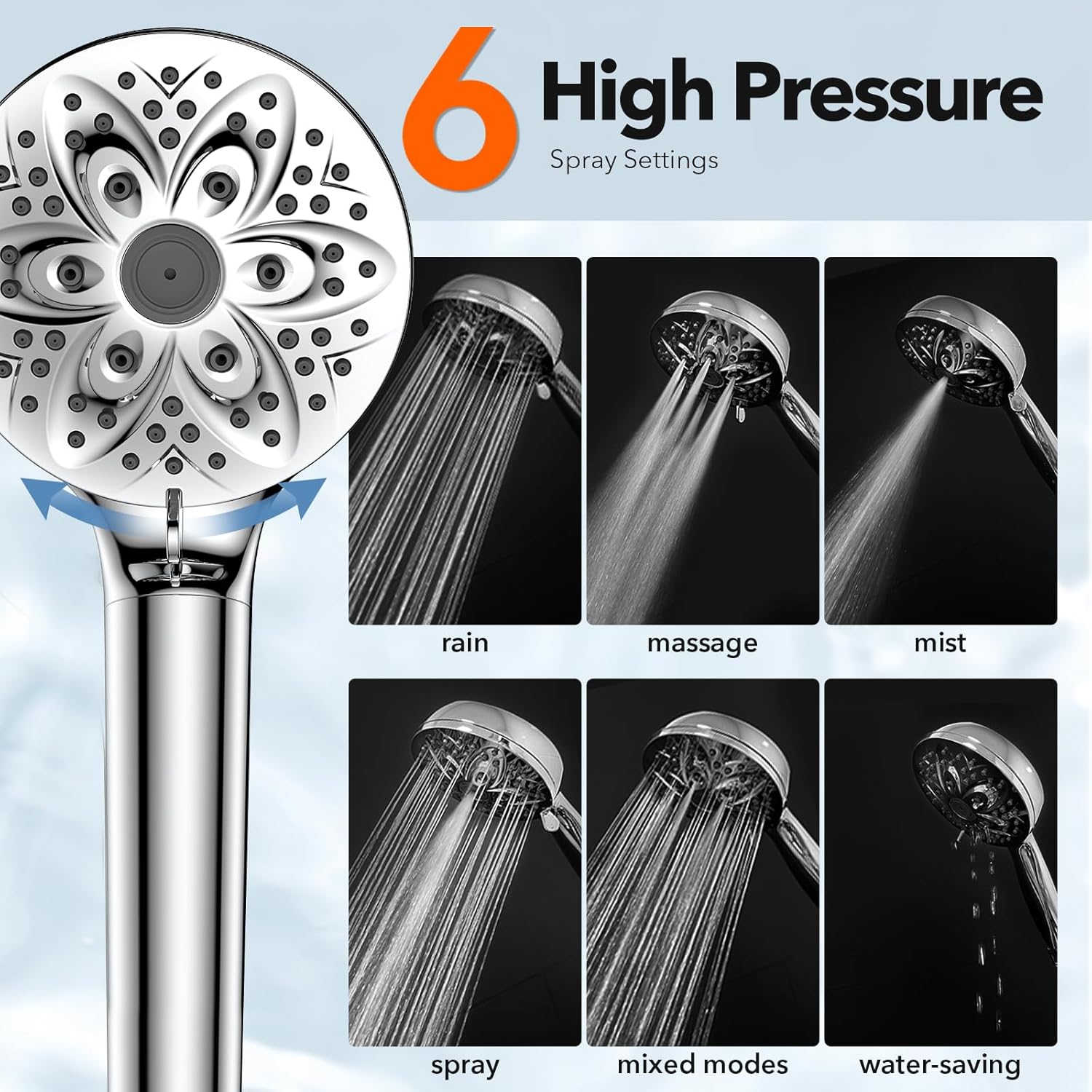 6-Setting Filtered Handheld Shower Head, JDO High Pressure Shower Head with Replaceable Filter Cartridge 4.7 Inch Detachable Showerhead for Chlorine Hard Water Removal 59 Inch Stainless Steel Hose