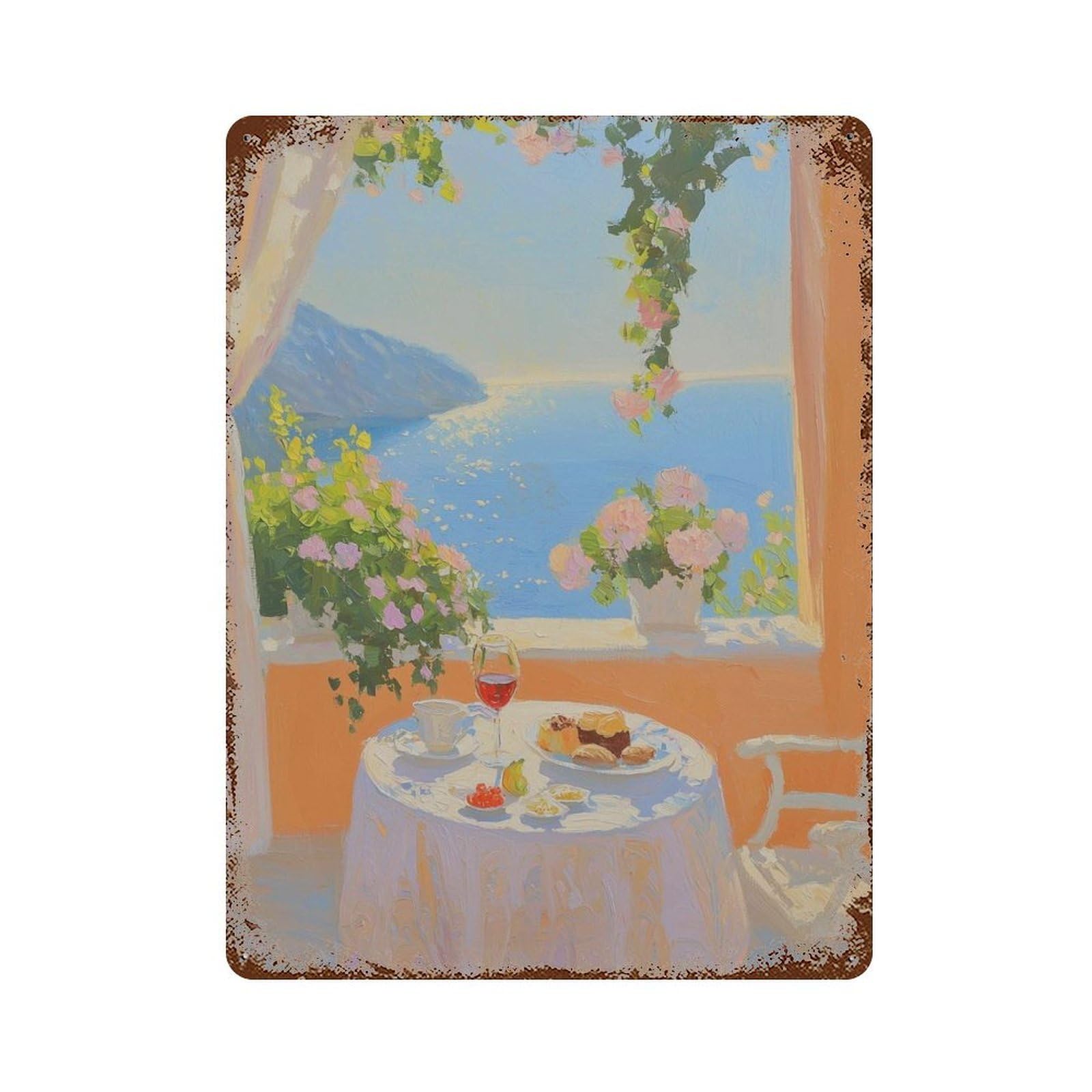 xiaoxiaoshen Mediterranean Balcony Impressionist Coastal Seaside Breakfast Summer Ocean View Wall Decor Art Metal Tin Poster Modern Home Decor Art Home Bar Shop Decorations Vintage Sign 40x30cm