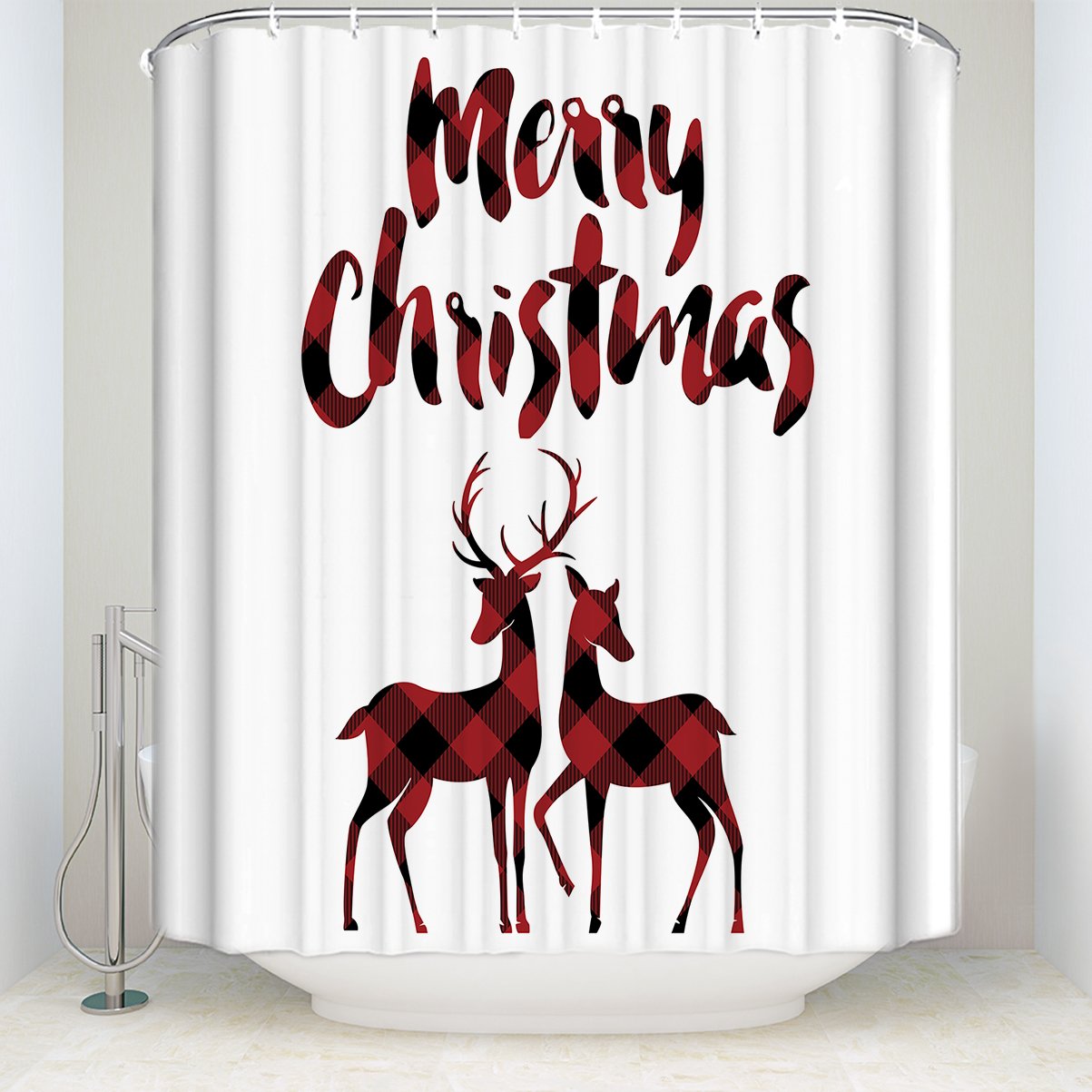 Libaoge Red Black Buffalo Check Plaid Christmas Reindeer Merry Christmas Soap Free Waterproof Polyester Fabric Bathroom White Shower Curtain ?72x72, Xmas Elk