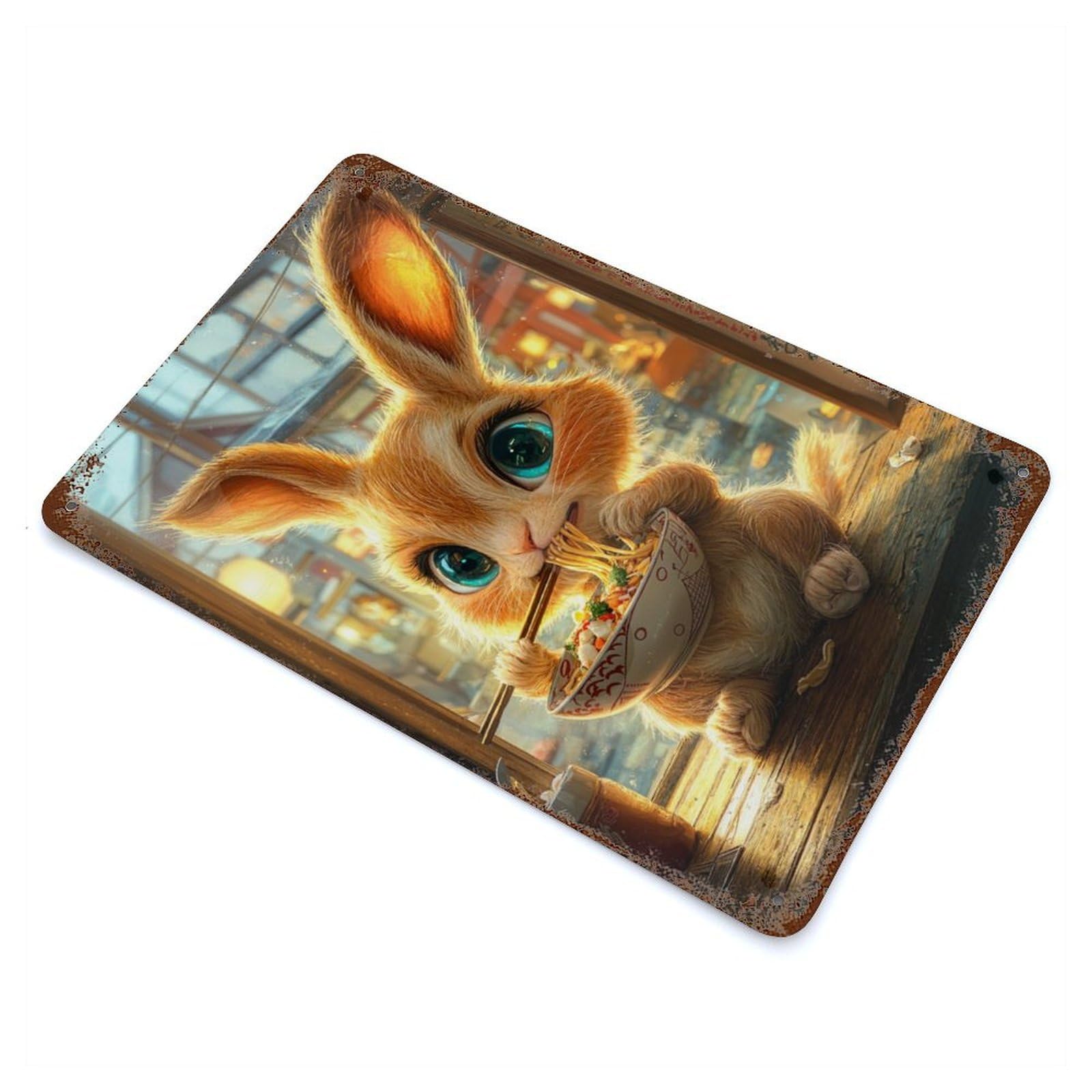 Garage Style Cute Bunny Eating Ramen Vintage Rust Metal Sign 11.8"x7.9", Rustic Home Decor for Bar And Workshop