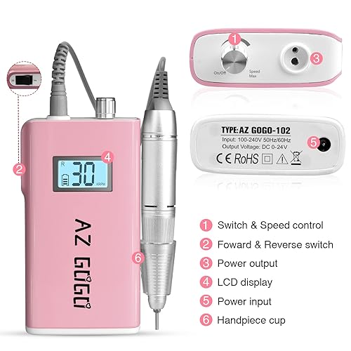 Miniatura 7 de AZ GOGO - Taladro de uñas profesional, 30000 rpm, recargable, portátil, para uñas de gel acrílico, lima E eléctrica mejorada con pantalla LCD (rosa)