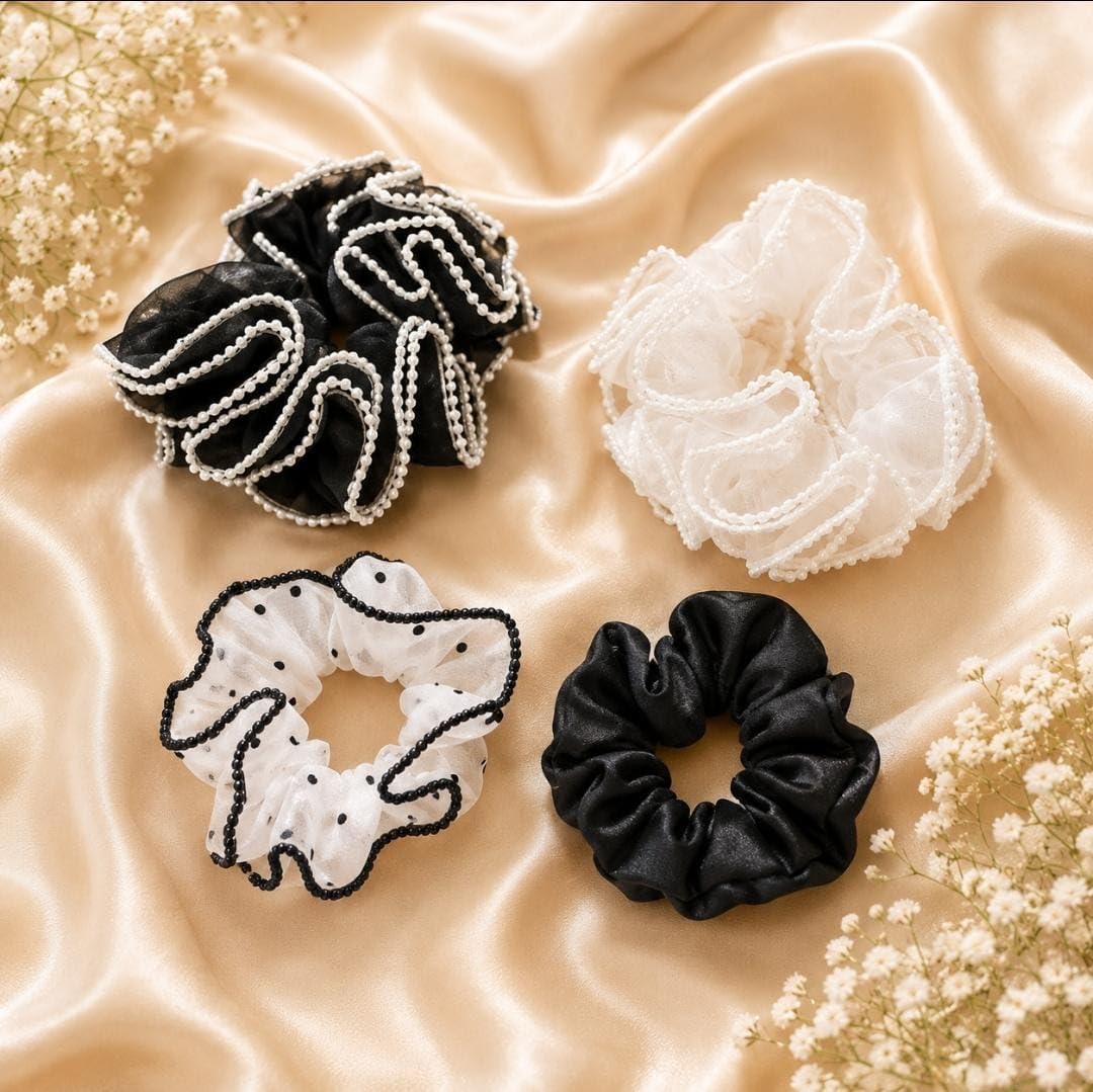 4 Pcs Hair Scrunchies Set for Women & Girls | Organza Pearl Beaded, Satin Silk & Polka Dot Hair Ties | Soft Elastic Ponytail Holder for Daily Wear, Party & Wedding-image-38