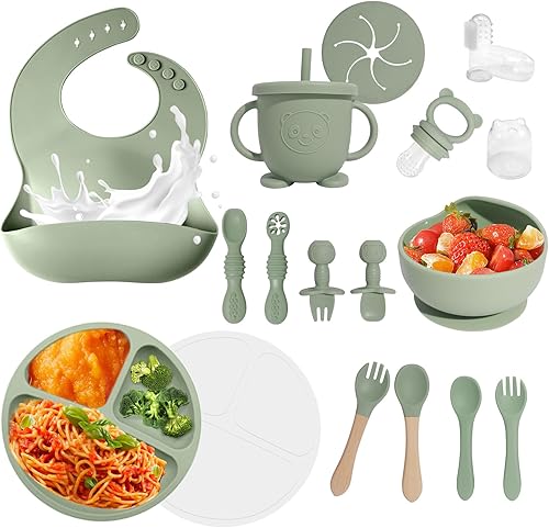 Suministros de destete LED para bebés, juego de alimentación de silicona de 17 piezas, sin BPA, utensilios para bebés con placa de succión y tazón,