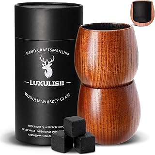 Charred Wooden Bourbon Drinking Glass, Include 3 Ice Whiskey Rocks, Old Fashioned Wood Whiskey Cup Tumblers, for Men, Dad, Husband, Brother, Friends