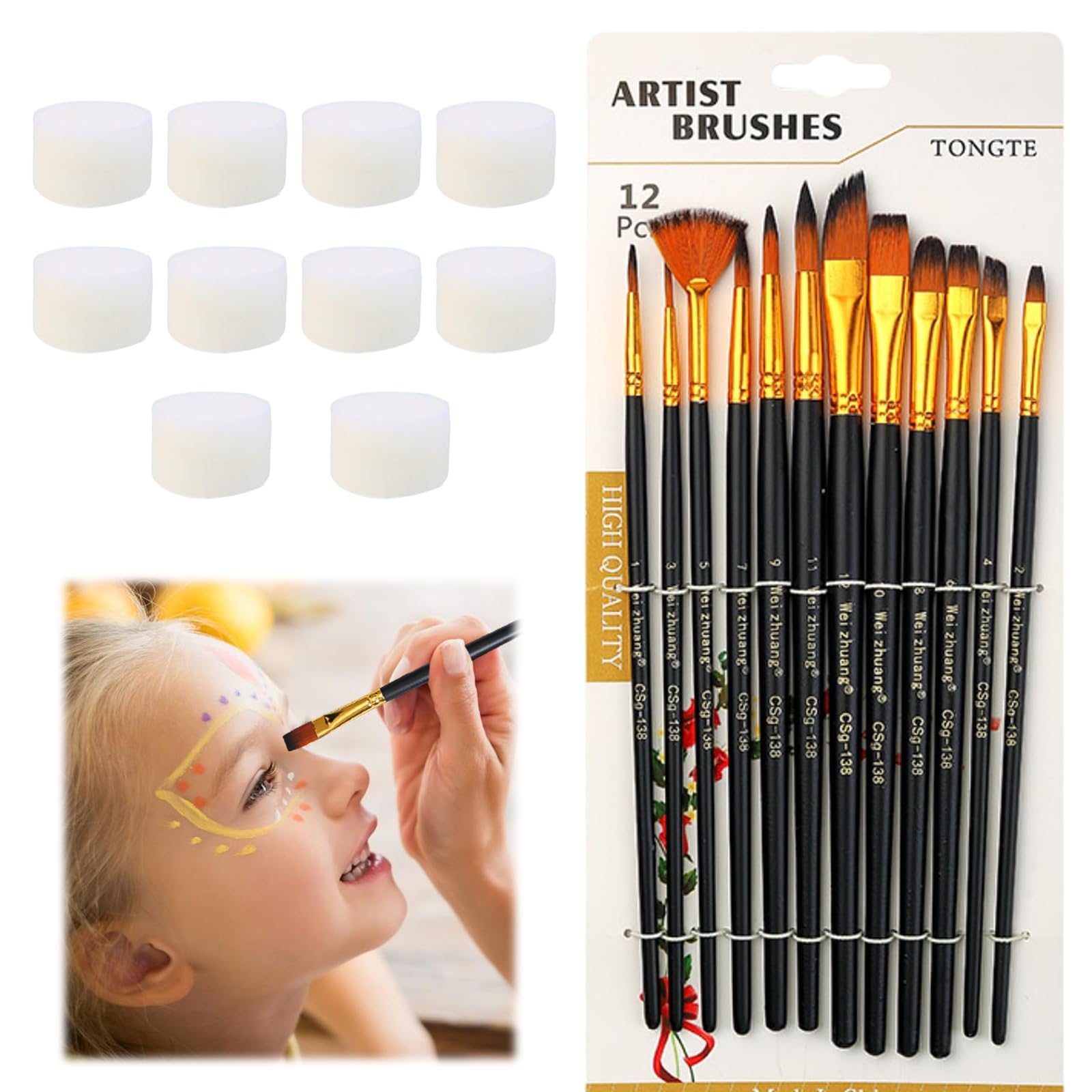Lot de 12 pinceaux de maquillage pour enfants - Avec 10 éponges de maquillage - Pinceaux de maquillage - Éponges de maquillage - Pinceaux fins - Pour peinture à l'huile - Pour débutants