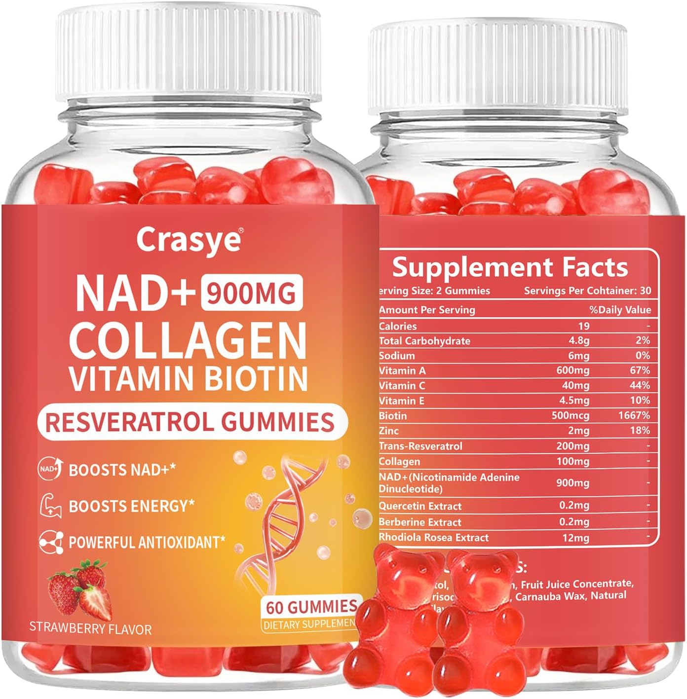 NAD+ Sugar Free Gummies 900MG NAD Supplement for Men and Women NAD Nicotinamide Resveratrol Gummy, NAD+ Plus Supplement Gummies for Anti-Aging, Cell Regeneration & Energy, Strawberry, 60 Count
